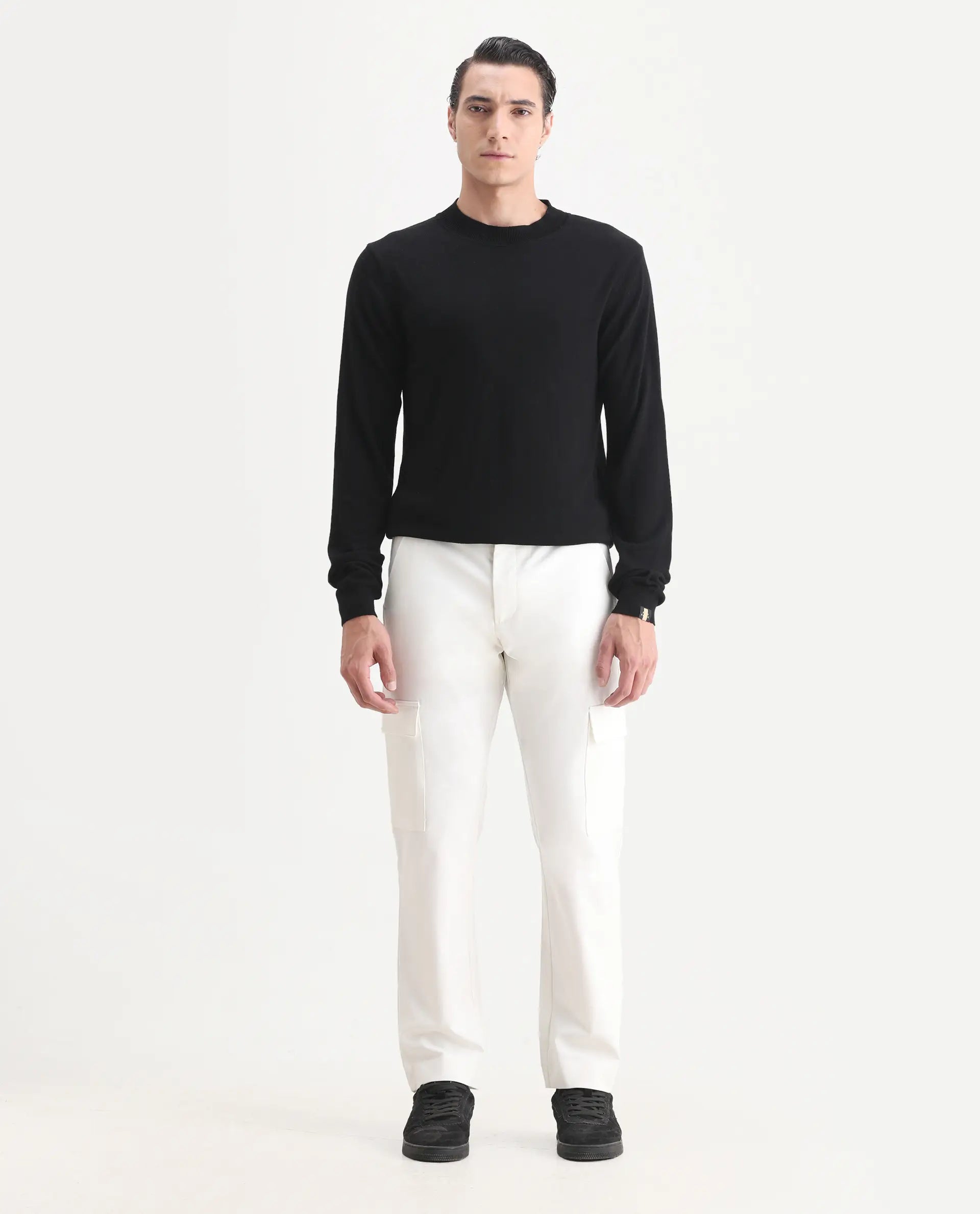 Rare Rabbit Men's Zal Off White Polyester Plain Relaxed Fit Trouser