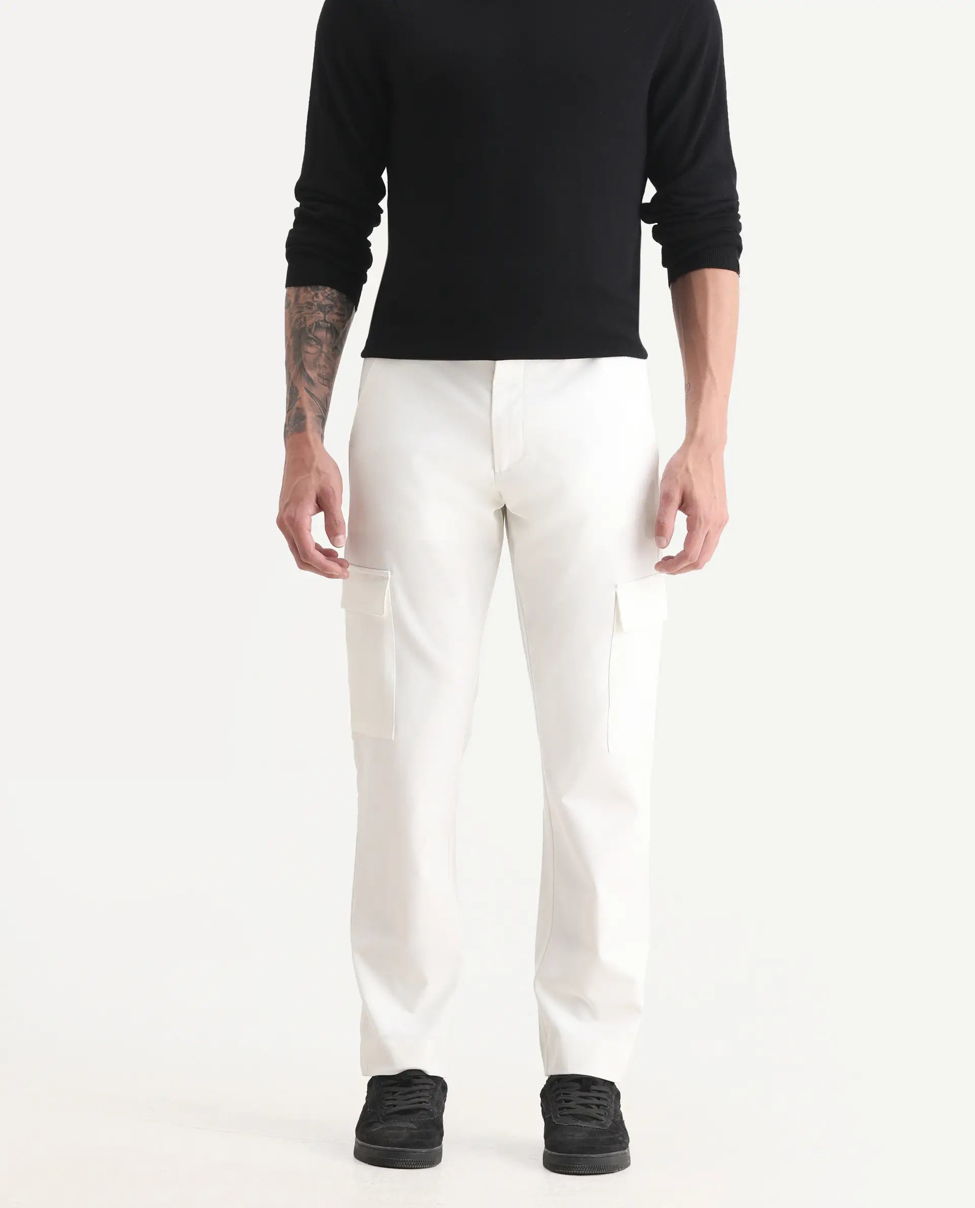 Rare Rabbit Men's Zal Off White Polyester Plain Relaxed Fit Trouser