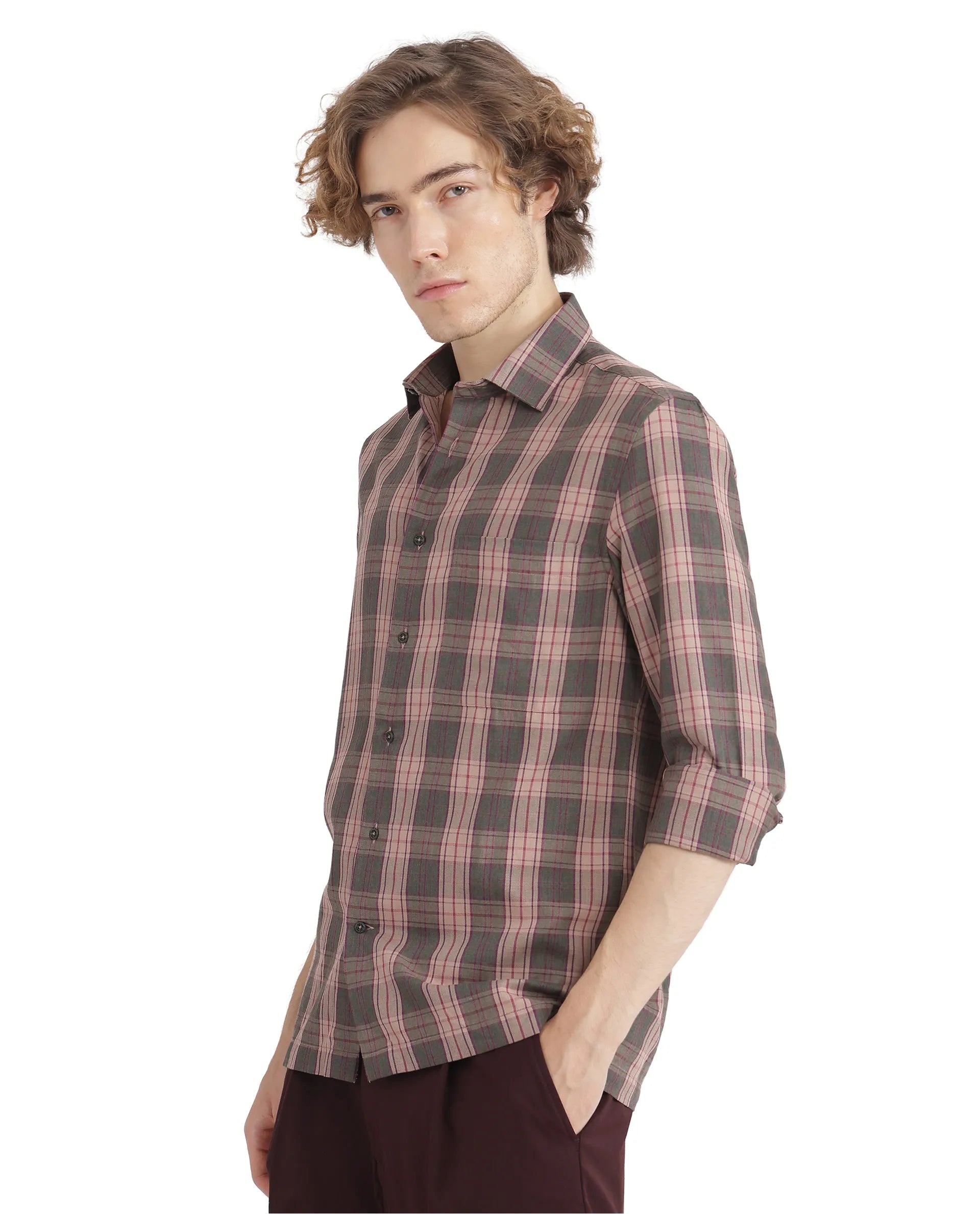 Rare Rabbit Men's Zamb Olive Cotton Fabric Full Sleeve Oversized Fit Graphic Back Print Checks Shirt