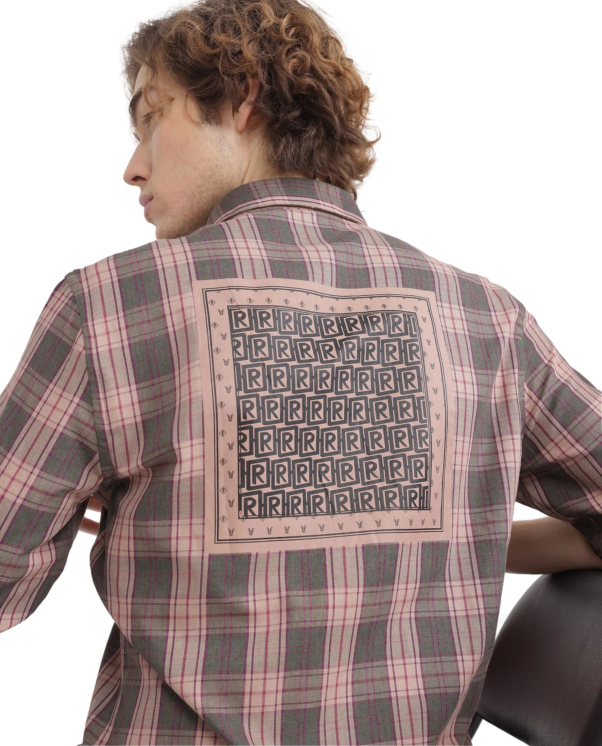 Rare Rabbit Men's Zamb Olive Cotton Fabric Full Sleeve Oversized Fit Graphic Back Print Checks Shirt