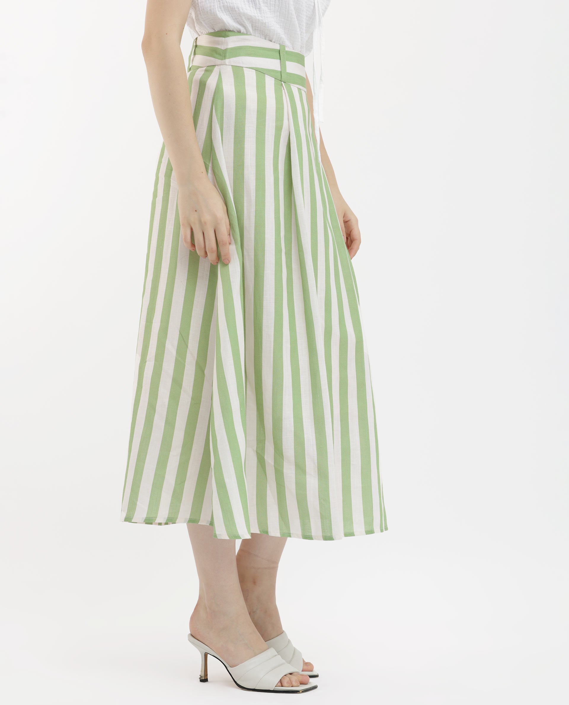 Rareism Women's Zame-B Off White Linen Striped Midi A-Line Skirt