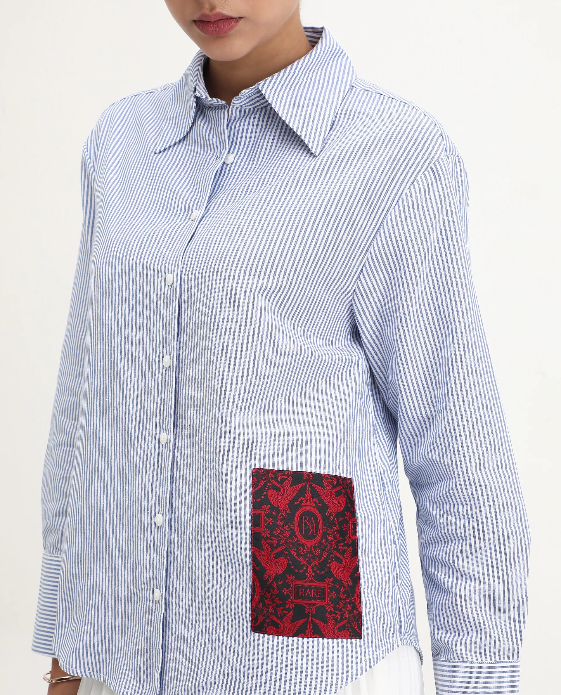 Rareism Women's Zamon Dark Blue Cotton Spread Collar Striped Cuffed Sleeve Regular Fit Shirt