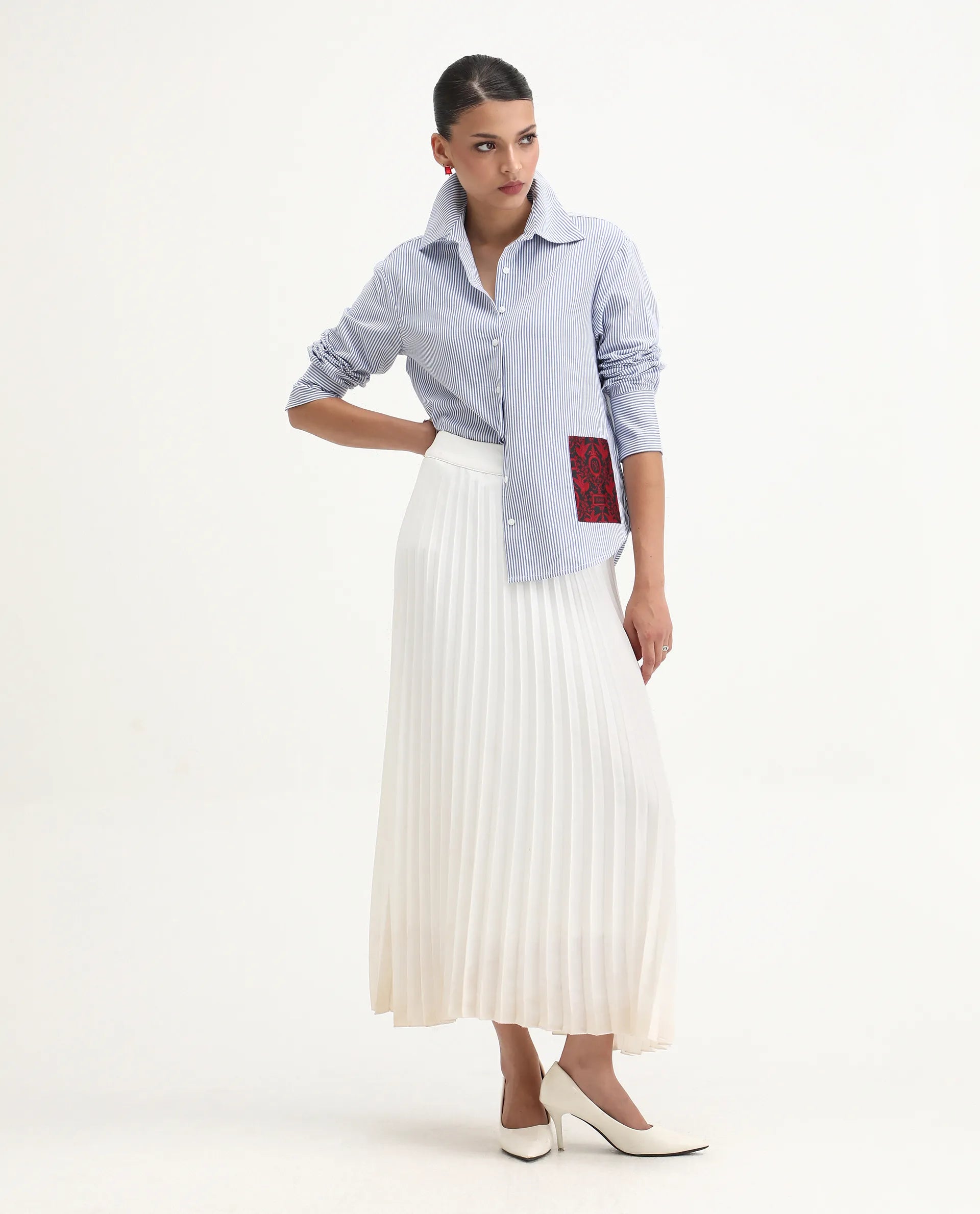 Rareism Women's Zamon Dark Blue Cotton Spread Collar Striped Cuffed Sleeve Regular Fit Shirt