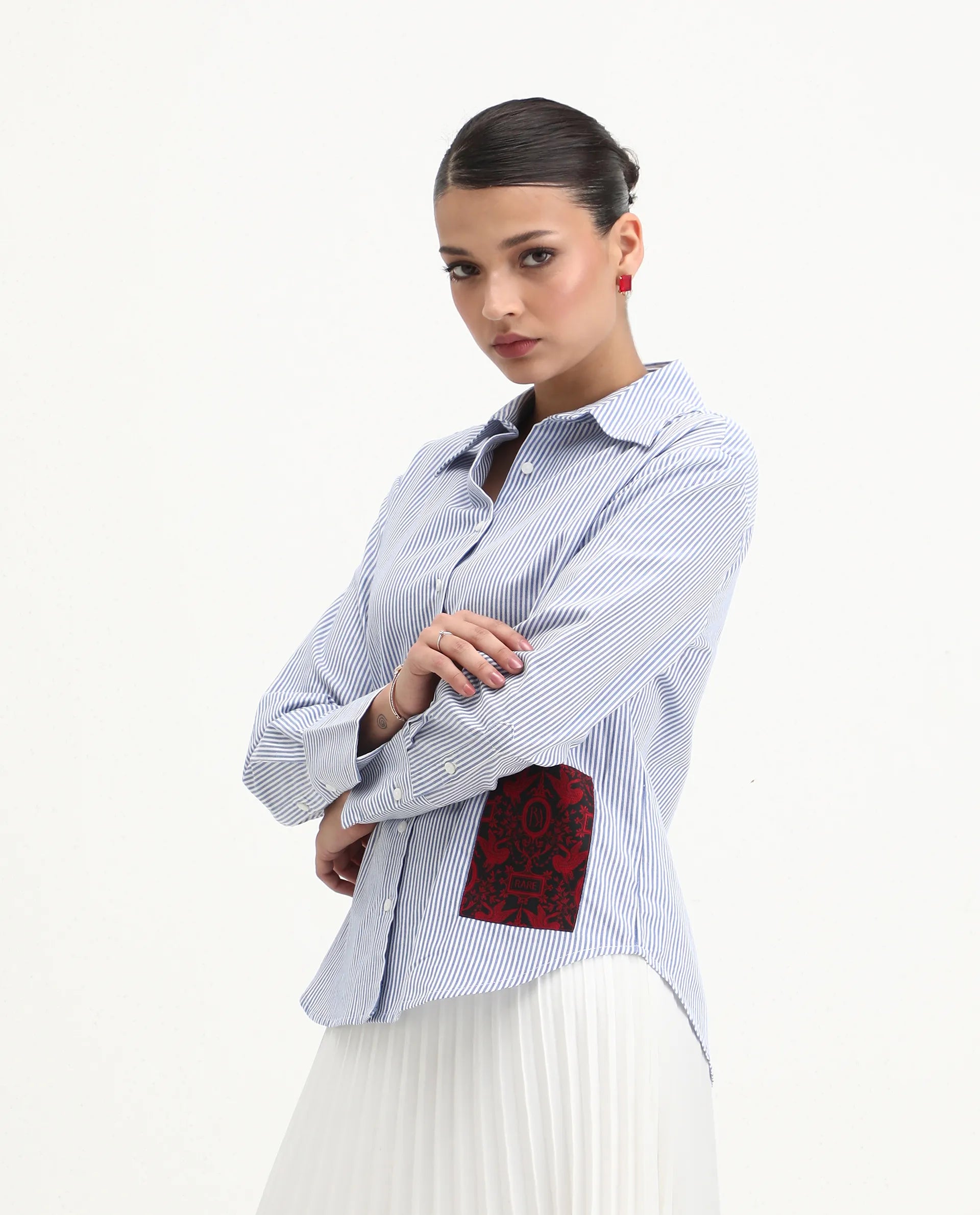 Rareism Women's Zamon Dark Blue Cotton Spread Collar Striped Cuffed Sleeve Regular Fit Shirt