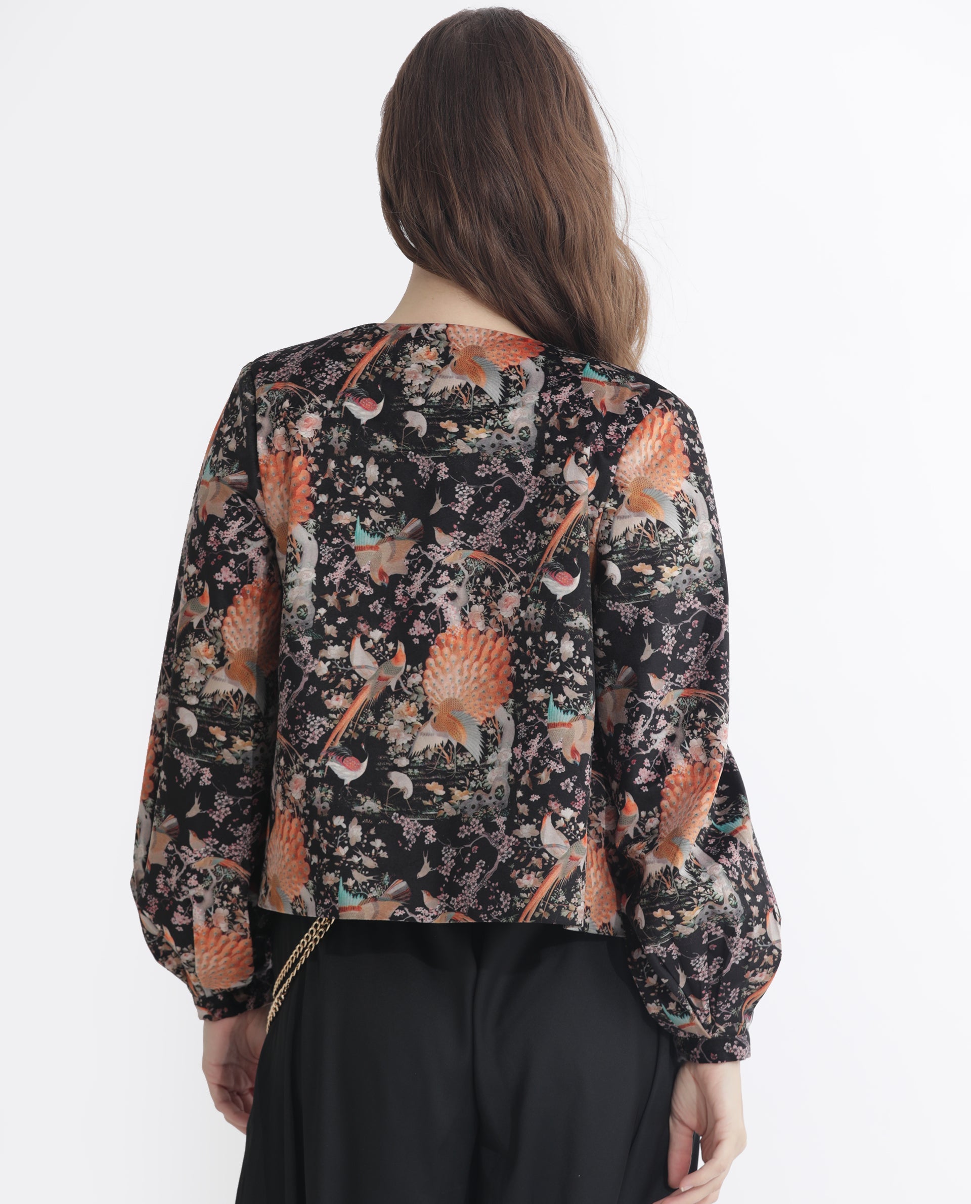 Rareism Women Zamp Black Velvet Full Sleeves Floral Print Collarless Shrug