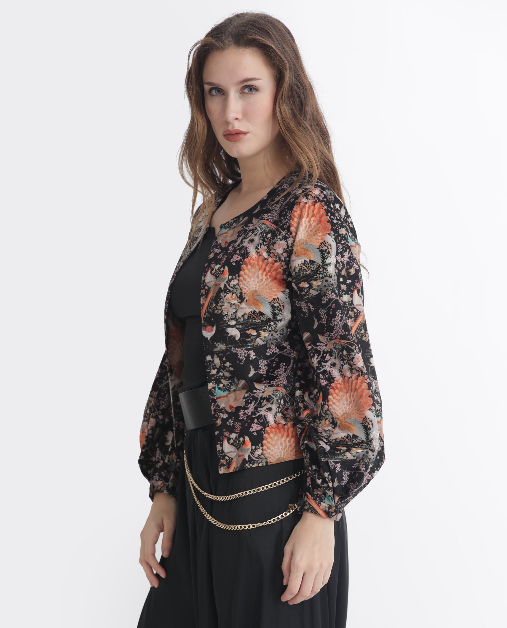 Rareism Women Zamp Black Velvet Full Sleeves Floral Print Collarless Shrug