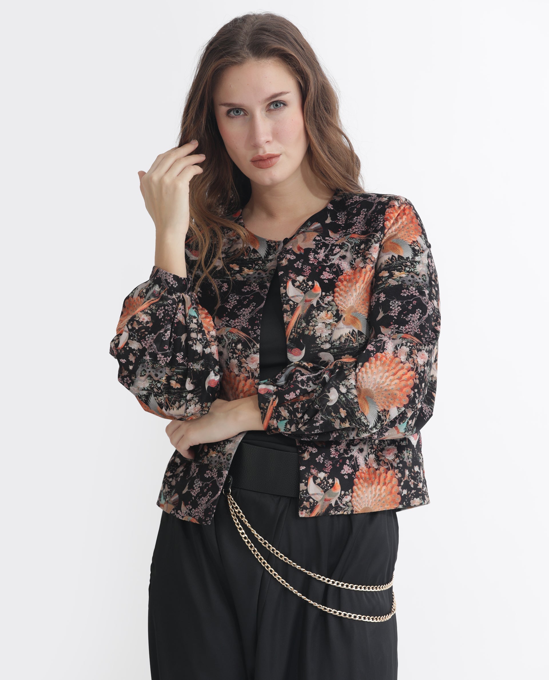 Rareism Women Zamp Black Velvet Full Sleeves Floral Print Collarless Shrug
