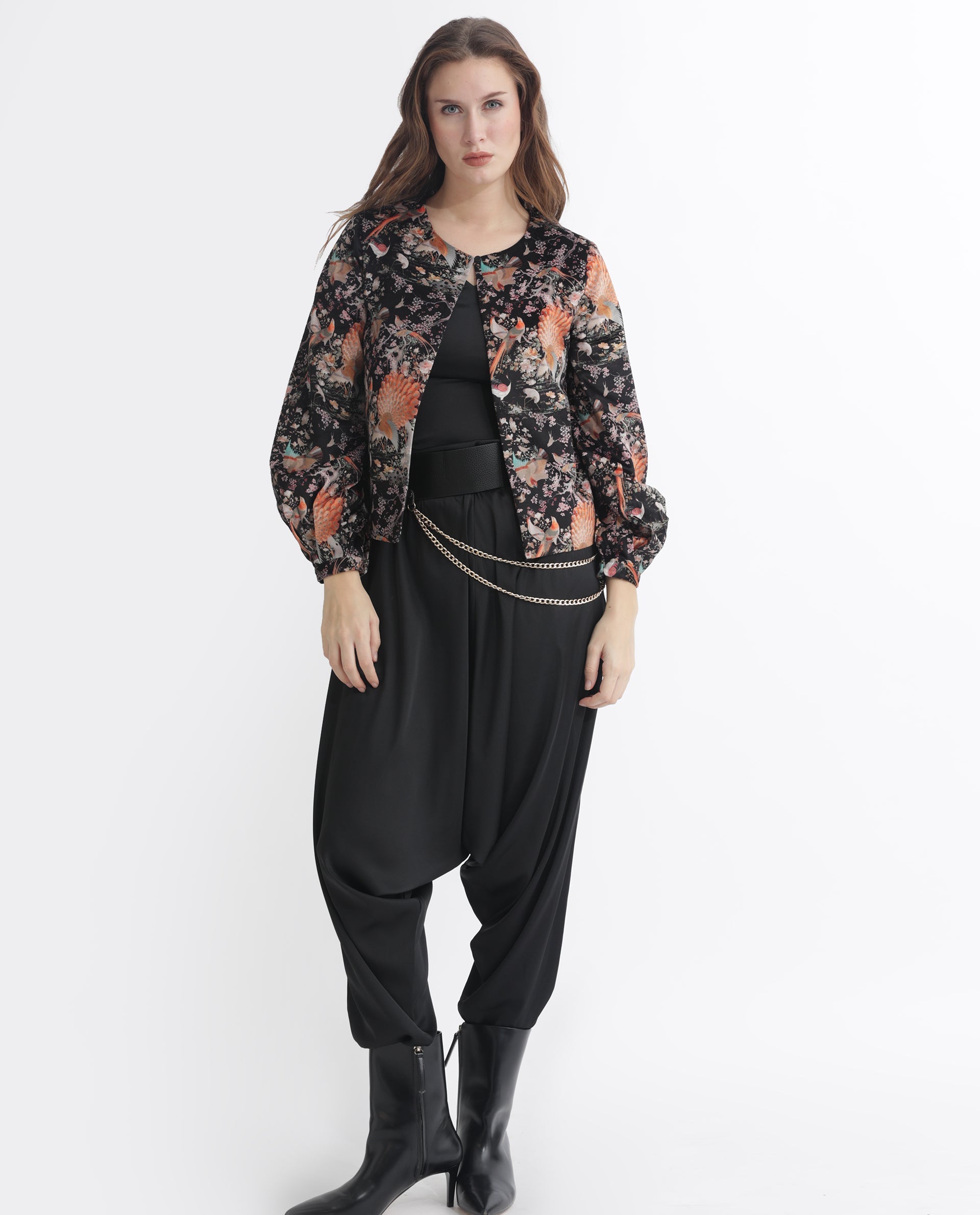 Rareism Women Zamp Black Velvet Full Sleeves Floral Print Collarless Shrug