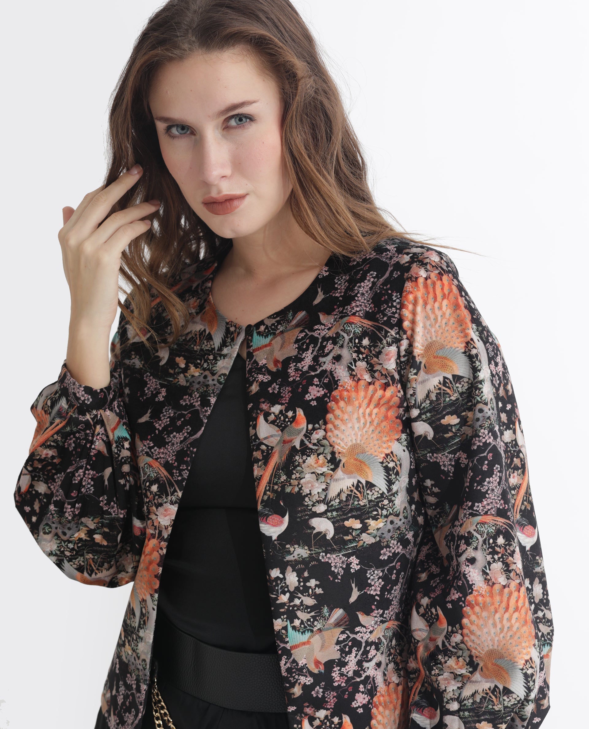 Rareism Women Zamp Black Velvet Full Sleeves Floral Print Collarless Shrug