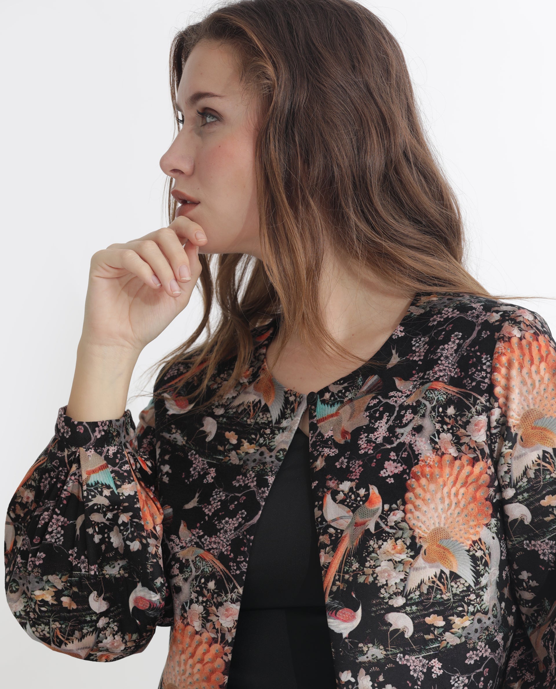 Rareism Women Zamp Black Velvet Full Sleeves Floral Print Collarless Shrug