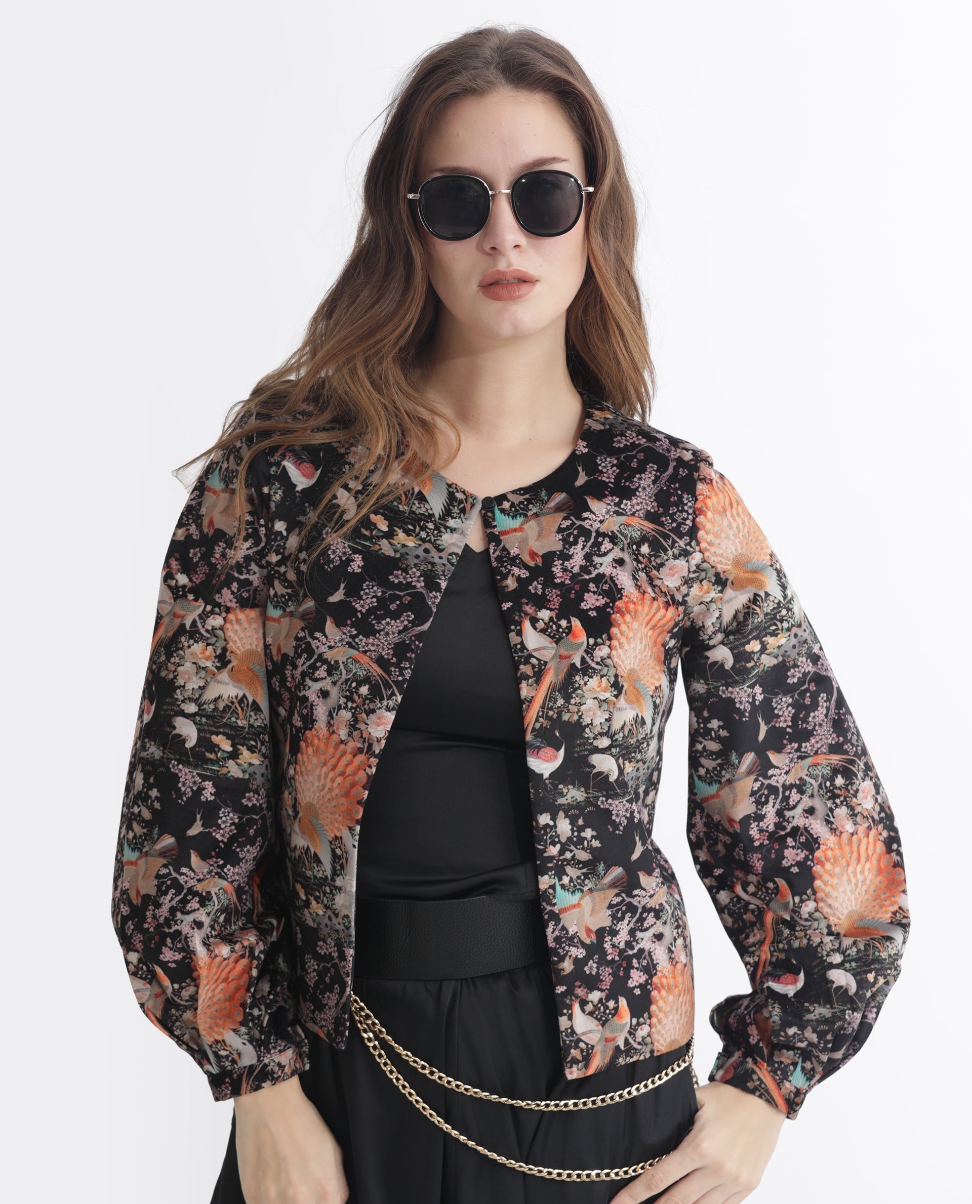 Rareism Women Zamp Black Velvet Full Sleeves Floral Print Collarless Shrug