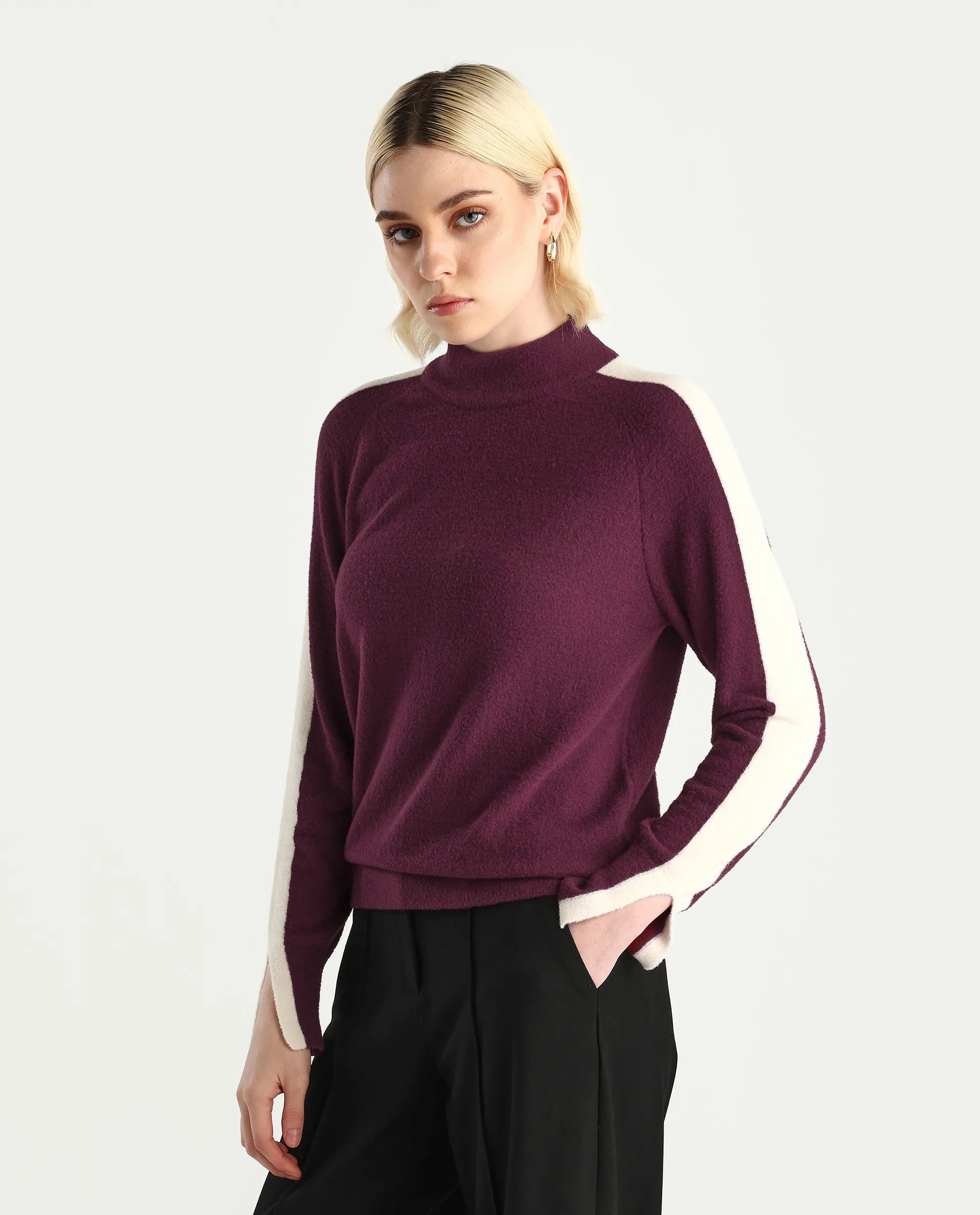 Rareism Women's Zanderyo Dark Maroon Nylon High Neck Relaxed Fit Sweater
