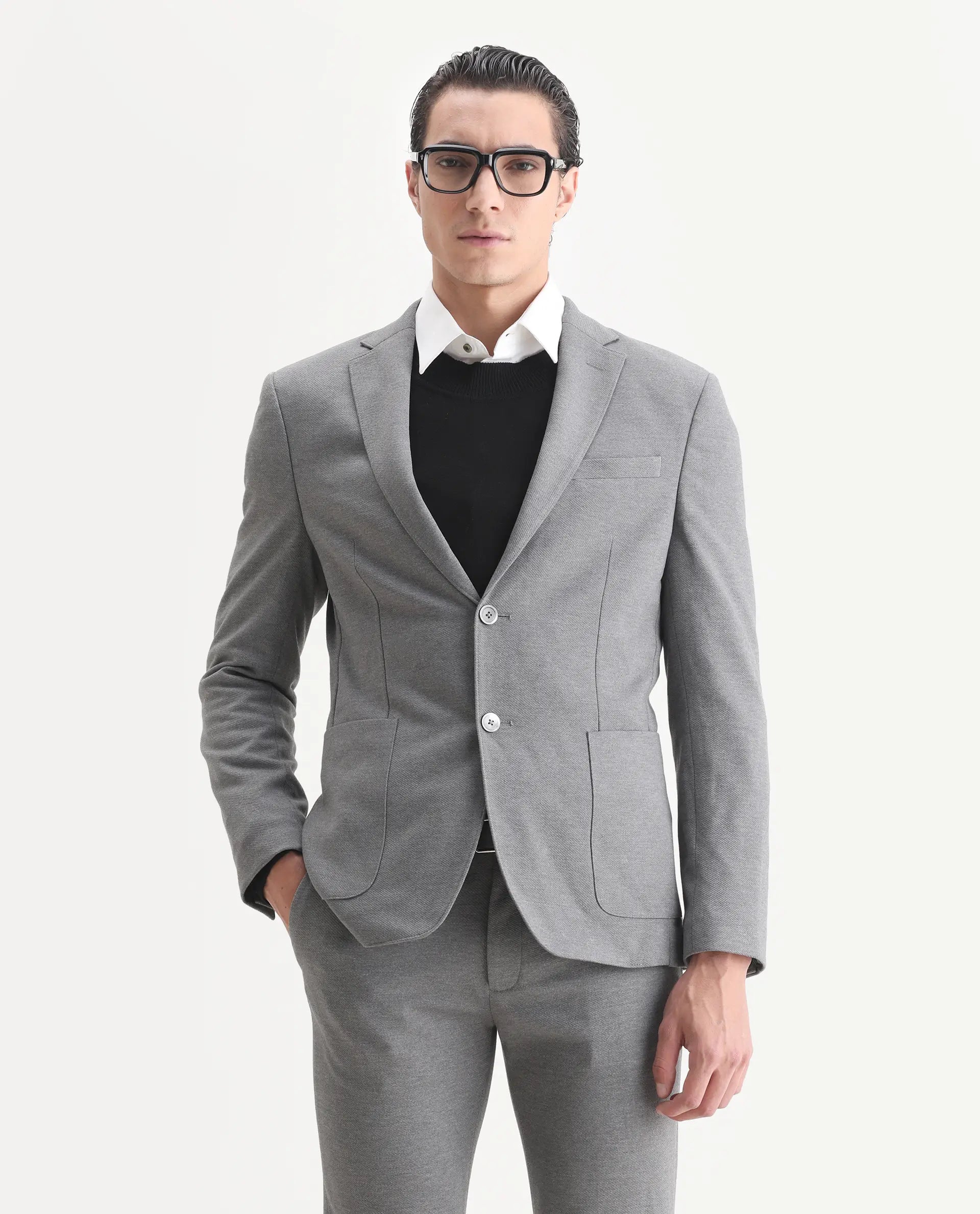 Rare Rabbit Men's Zandro Grey Polyester Plain Tailored Fit Full Sleeve Lapel Neck Suits