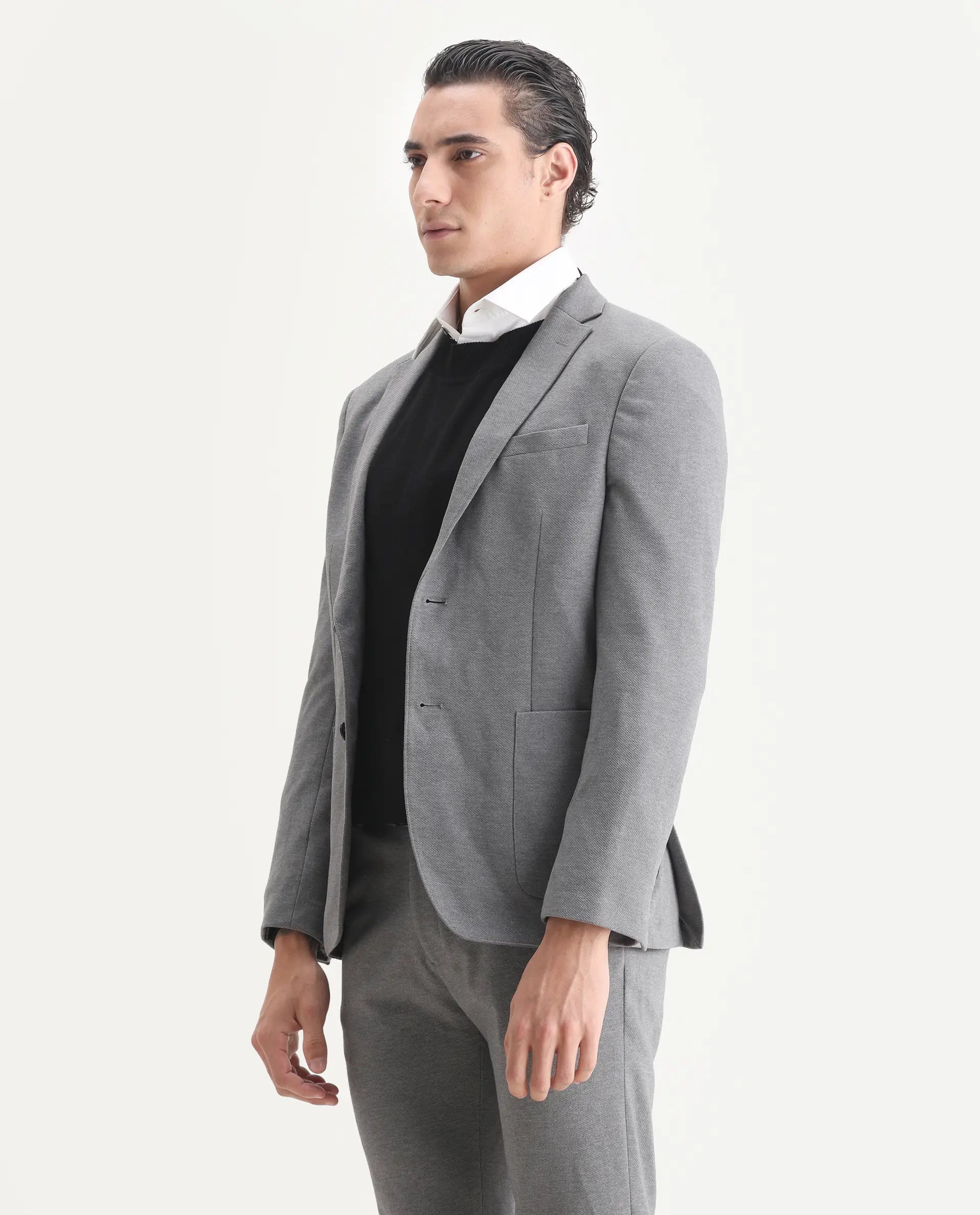 Rare Rabbit Men's Zandro Grey Polyester Plain Tailored Fit Full Sleeve Lapel Neck Suits