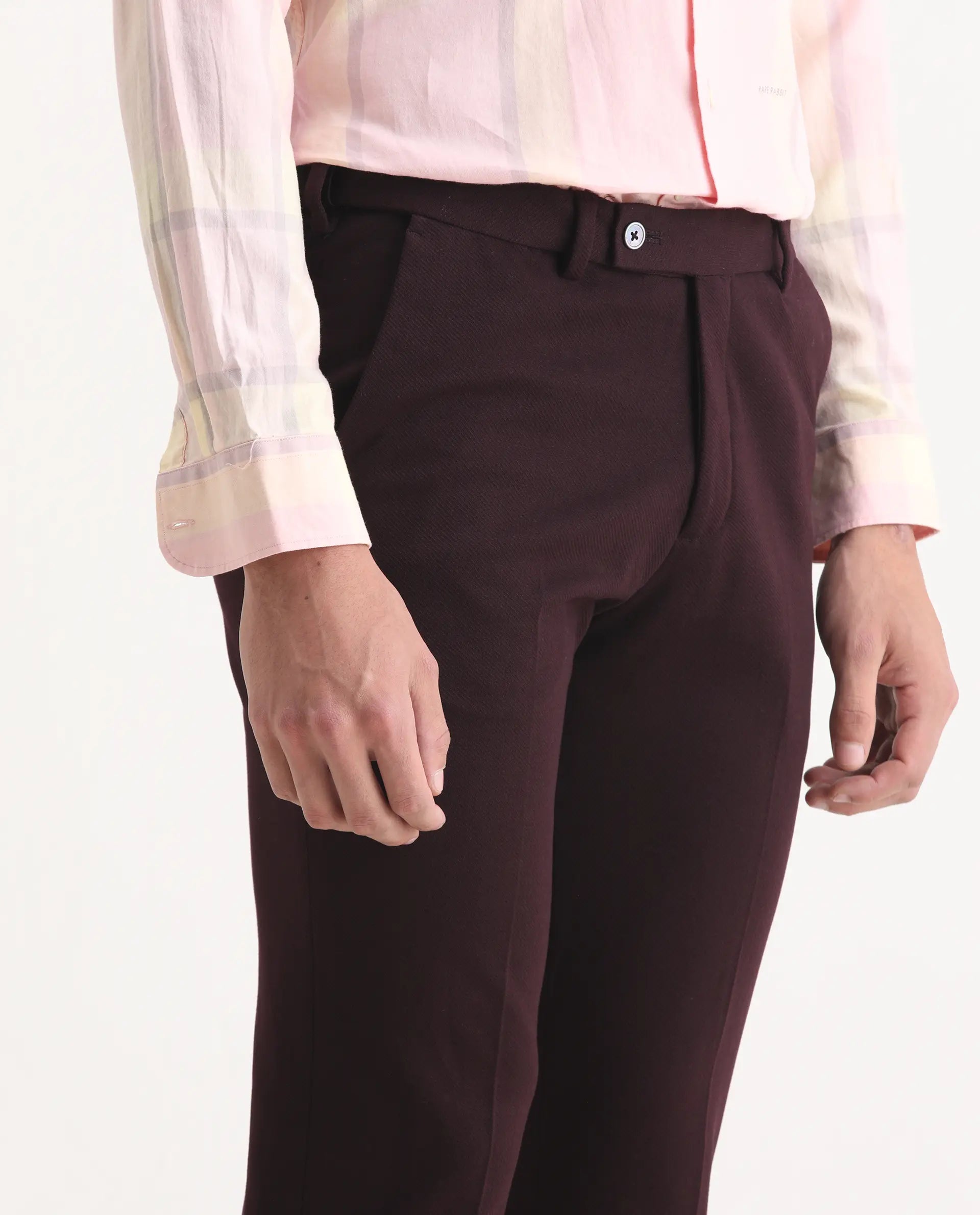 Rare Rabbit Men's Zandro Maroon Rayon Plain Tailored Fit Full Sleeve Lapel Neck Suits