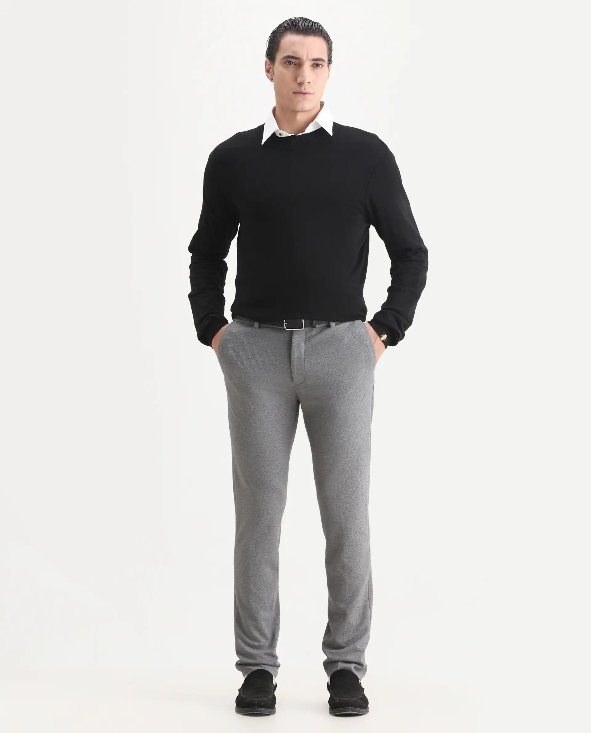 Rare Rabbit Men's Zandro Grey Polyester Plain Tailored Fit Full Sleeve Lapel Neck Suits