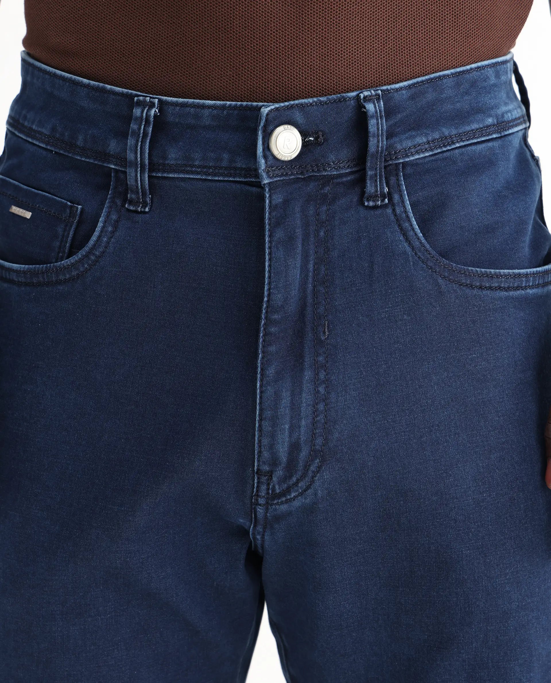 Rare Rabbit Men's Zane Dark Blue Cotton Plain Morris Regular Fit Jeans