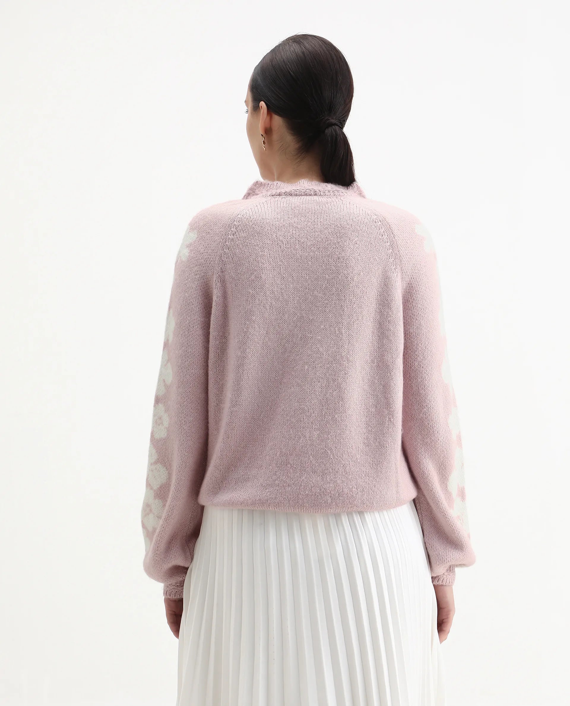 Rareism Women's Zane Light Pink Acrylic Blend Crew Neck Regular Fit Sweater