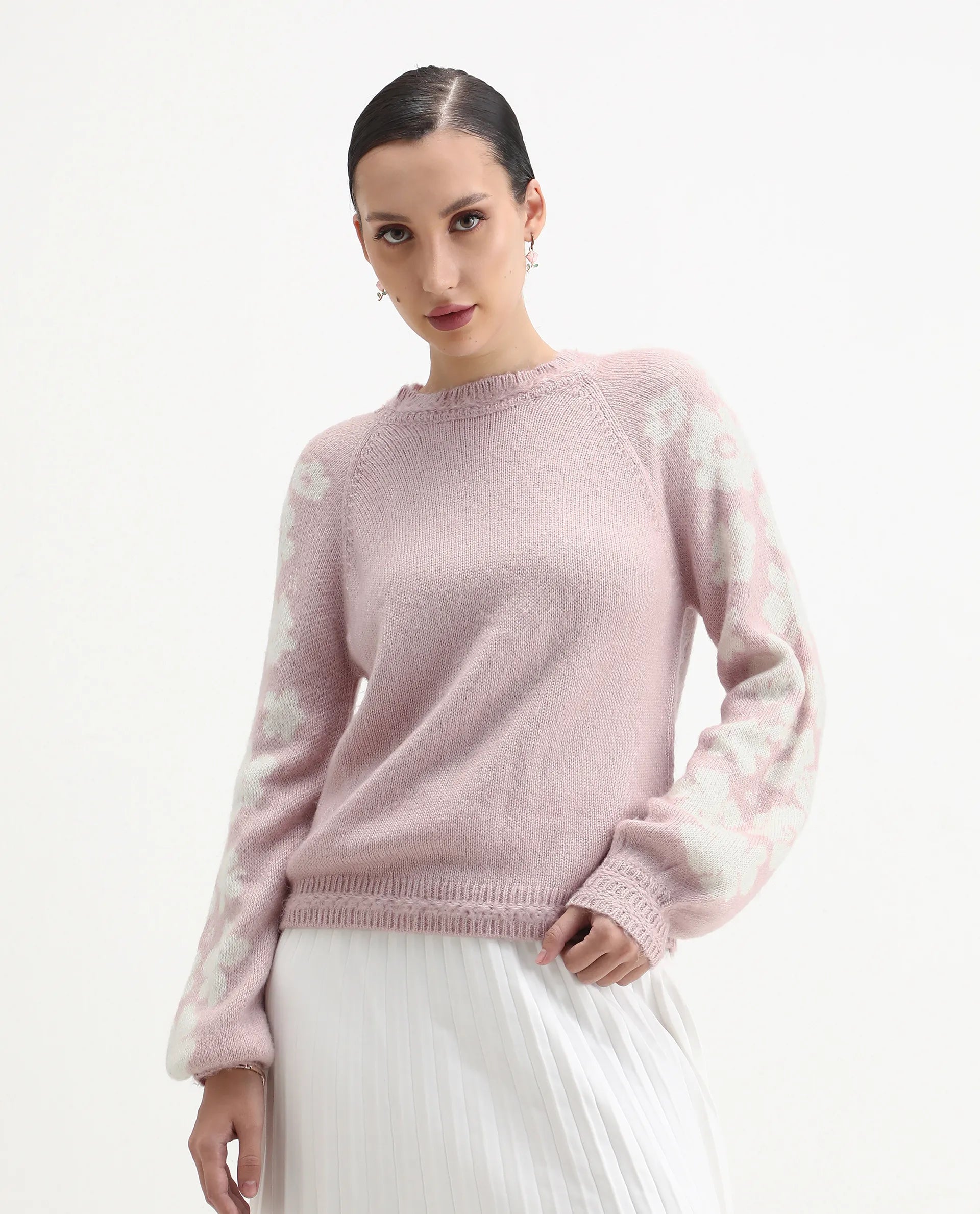 Rareism Women's Zane Light Pink Acrylic Blend Crew Neck Regular Fit Sweater