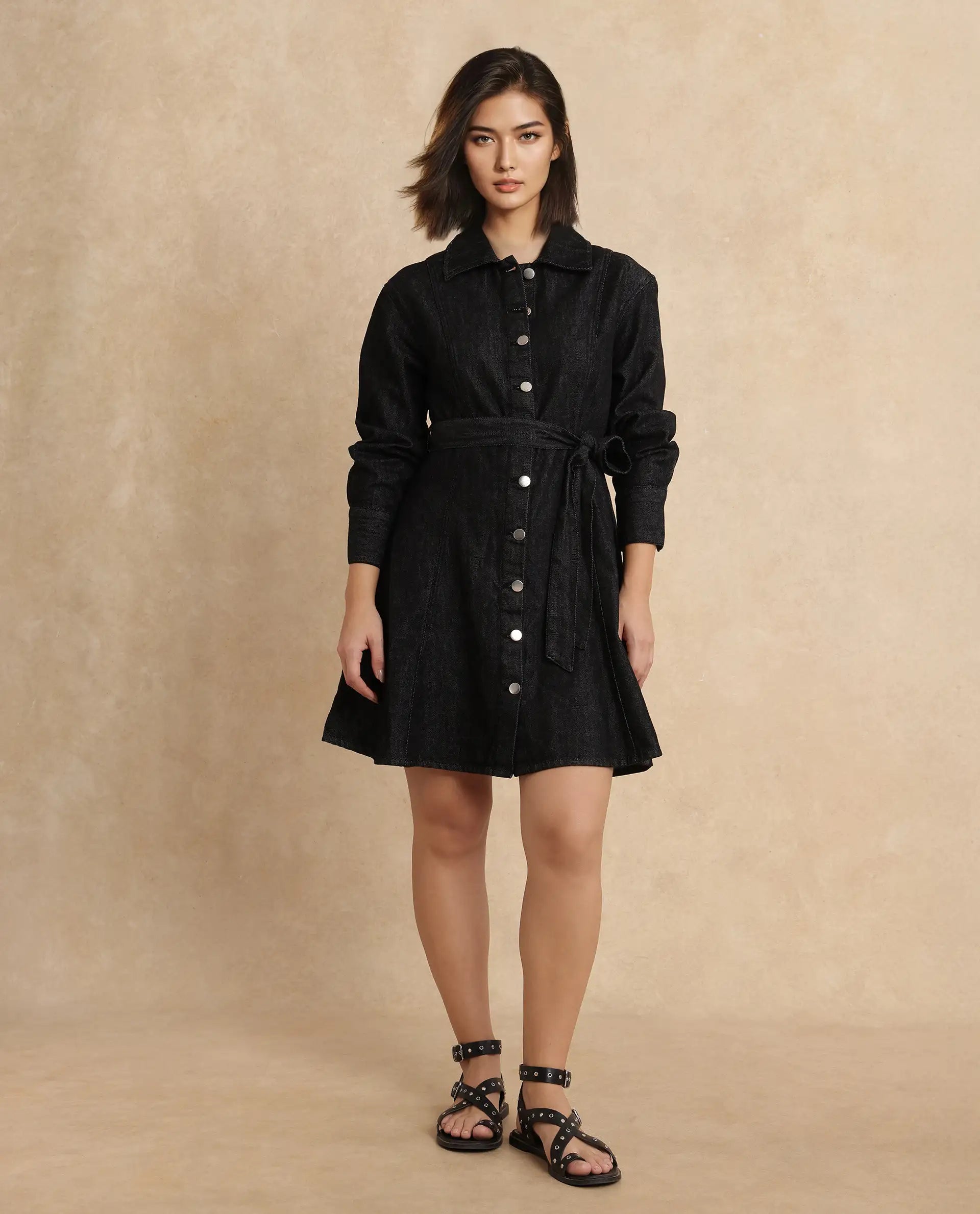 Rareism Women Zang Black Cotton Fabric Full Sleeve Collared Neck A-line Fit Plain Denim Shirt Dress