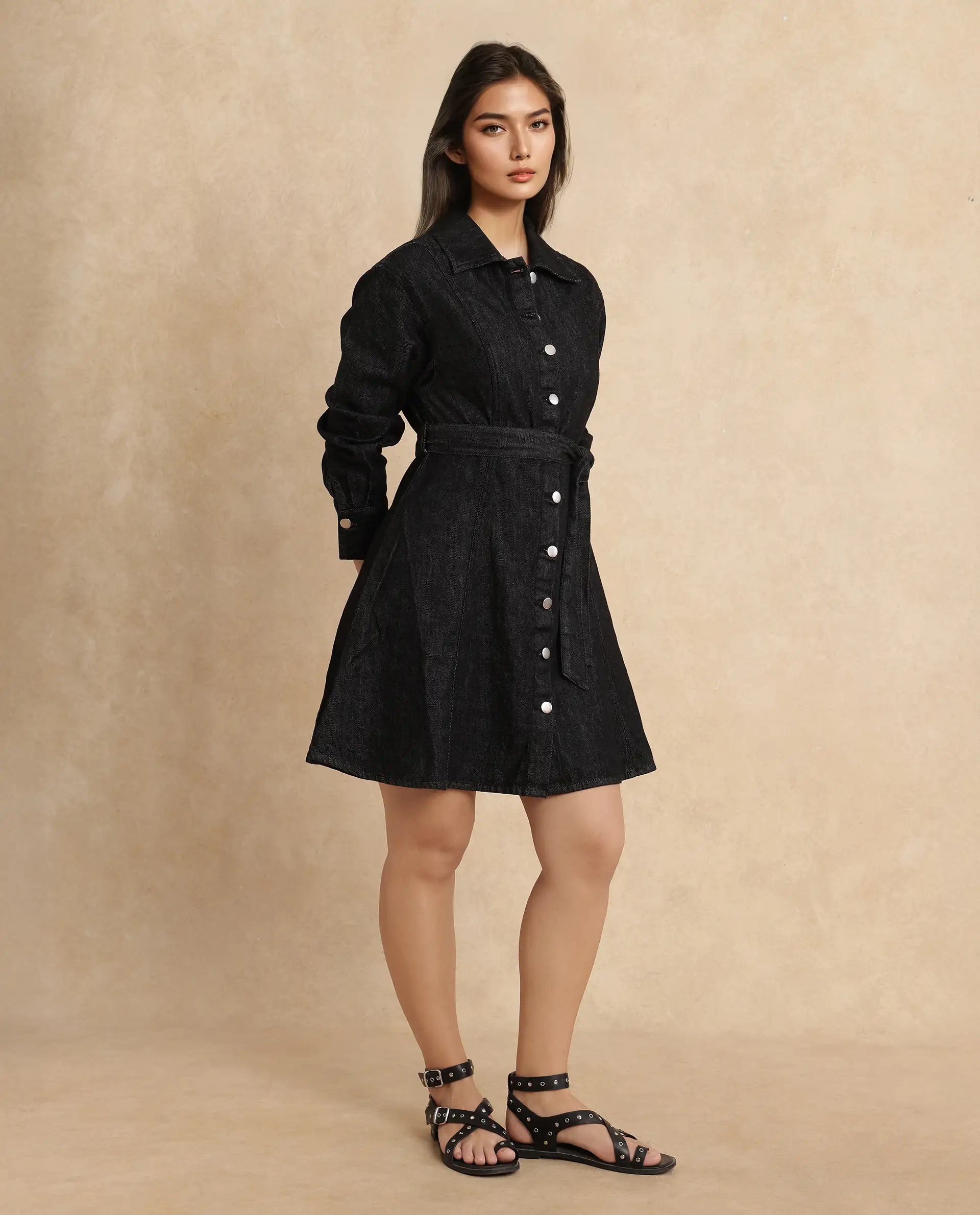 Rareism Women Zang Black Cotton Fabric Full Sleeve Collared Neck A-line Fit Plain Denim Shirt Dress