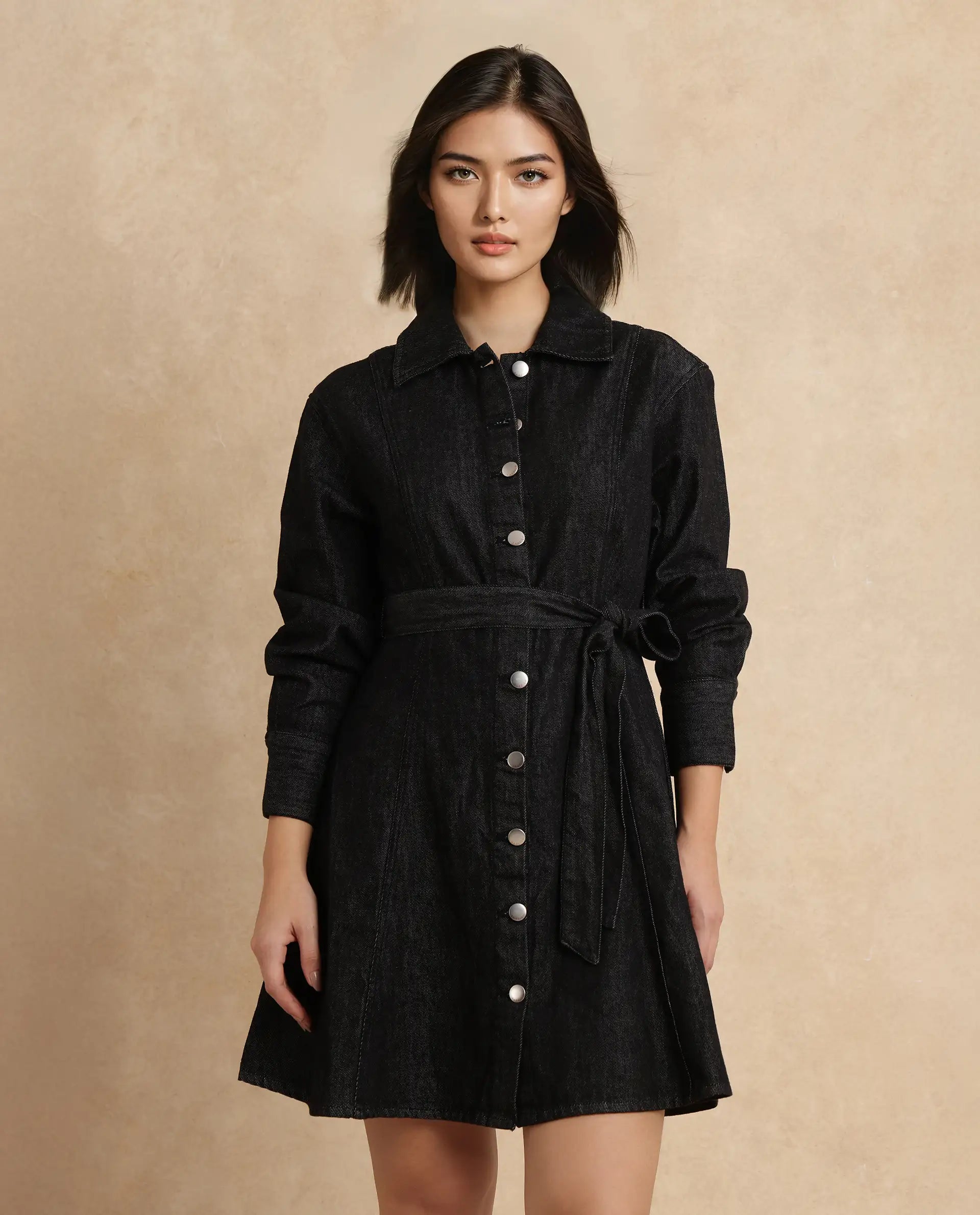 Rareism Women Zang Black Cotton Fabric Full Sleeve Collared Neck A-line Fit Plain Denim Shirt Dress