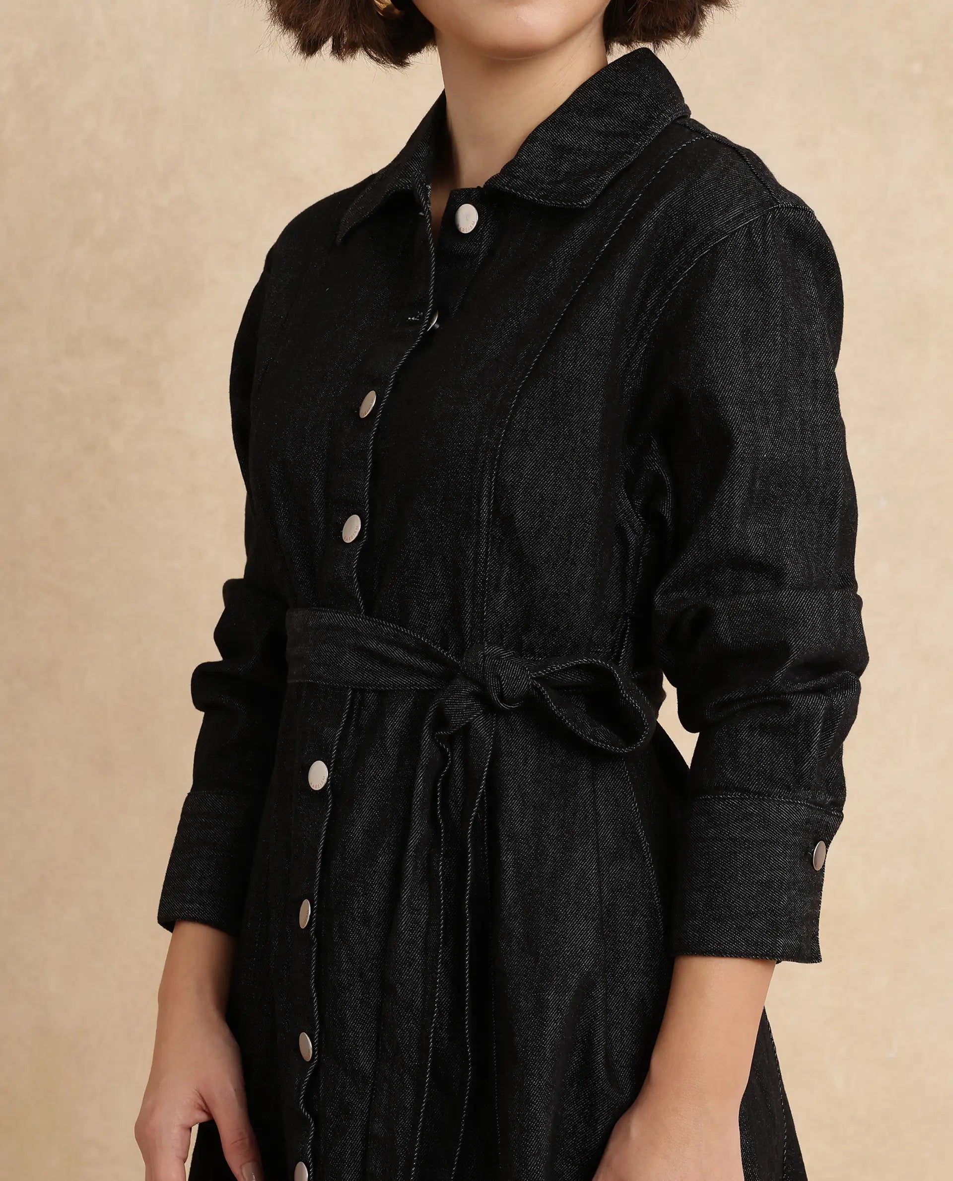 Rareism Women Zang Black Cotton Fabric Full Sleeve Collared Neck A-line Fit Plain Denim Shirt Dress