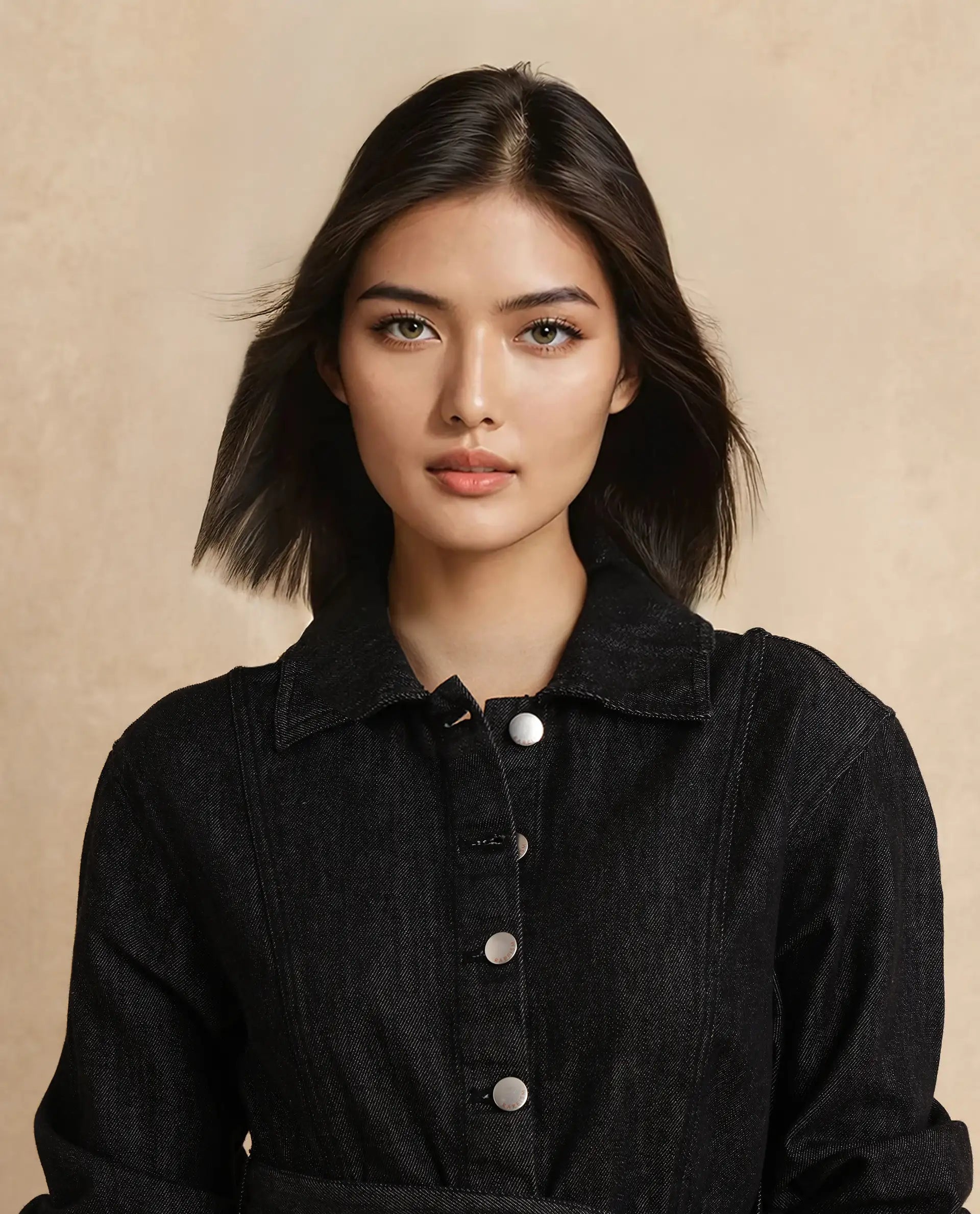 Rareism Women Zang Black Cotton Fabric Full Sleeve Collared Neck A-line Fit Plain Denim Shirt Dress