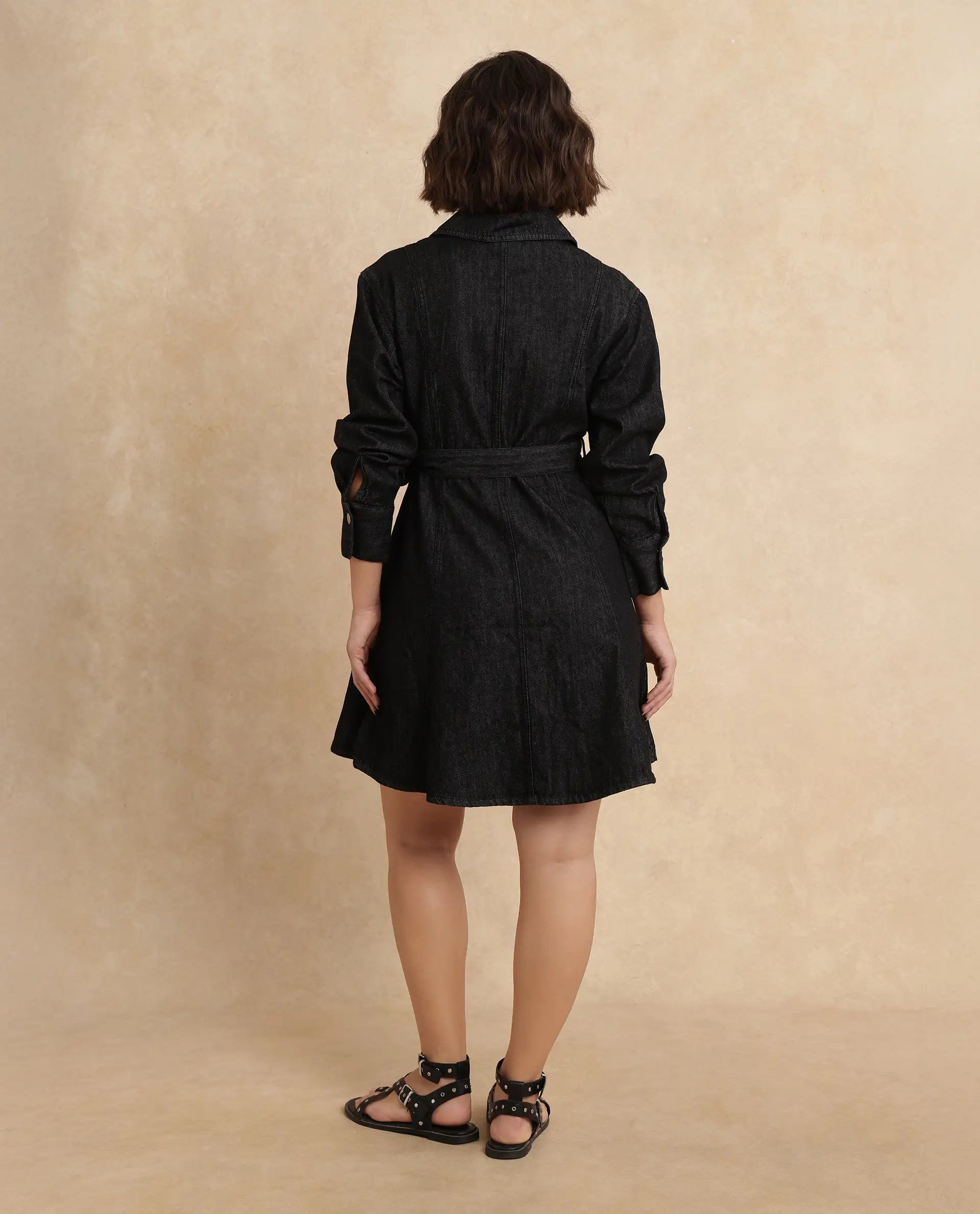 Rareism Women Zang Black Cotton Fabric Full Sleeve Collared Neck A-line Fit Plain Denim Shirt Dress