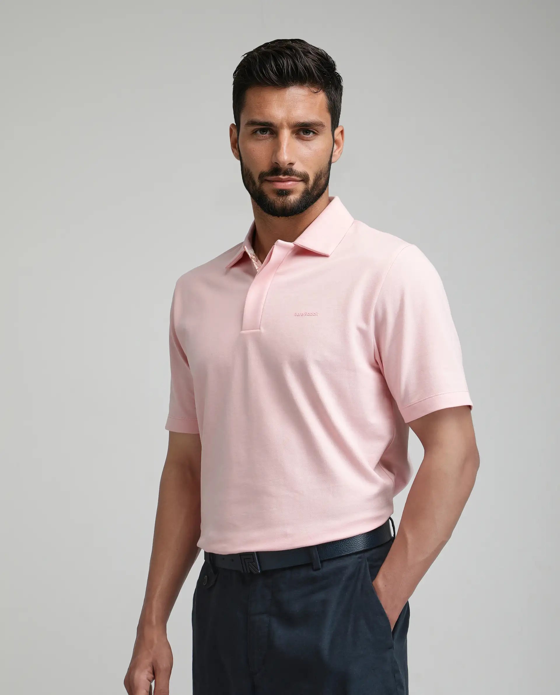 Rare Rabbit Men's Zeni-A25 Light Pink Cotton Blend Plain Regular Fit Half Sleeve Polo