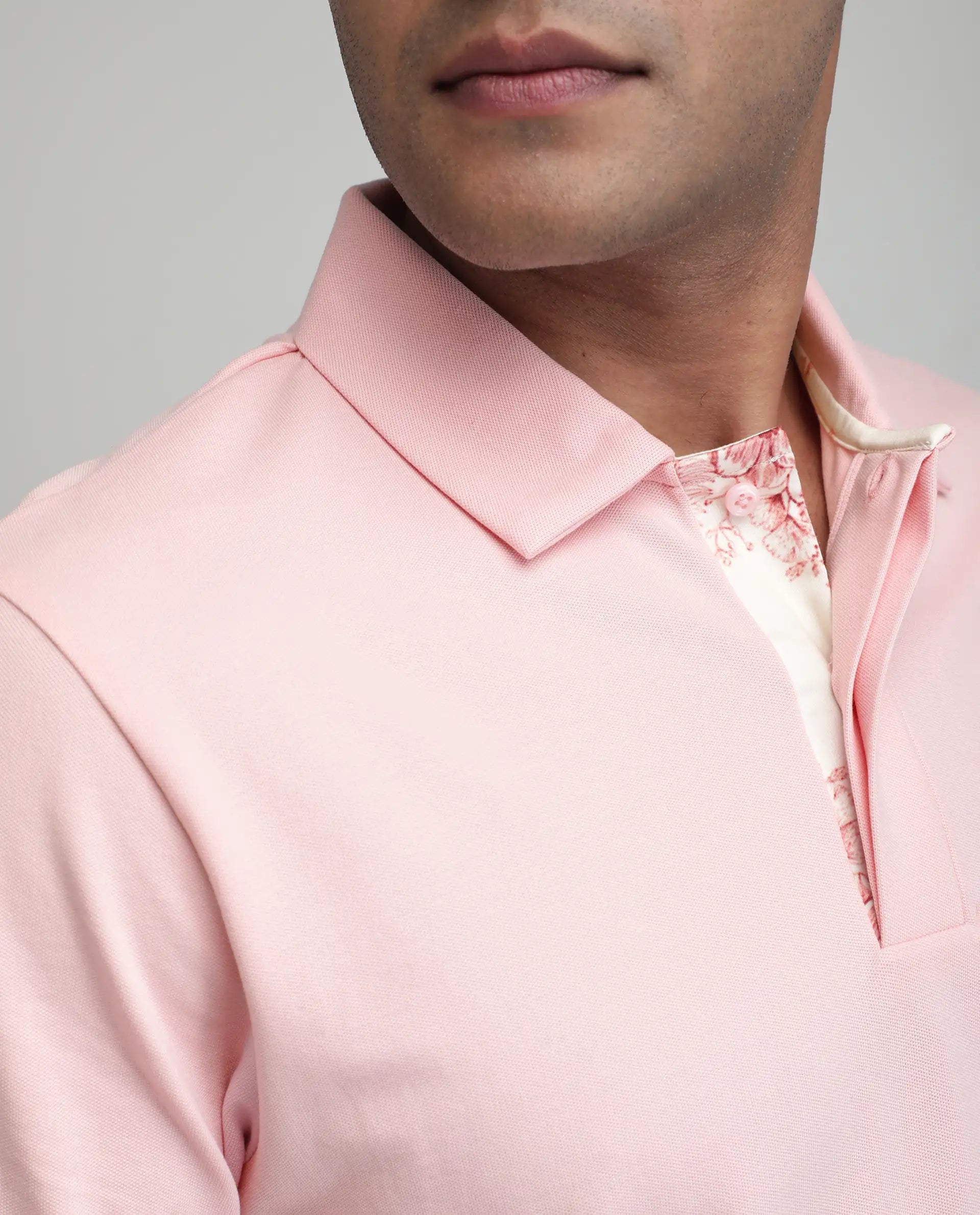 Rare Rabbit Men's Zeni-A25 Light Pink Cotton Blend Plain Regular Fit Half Sleeve Polo