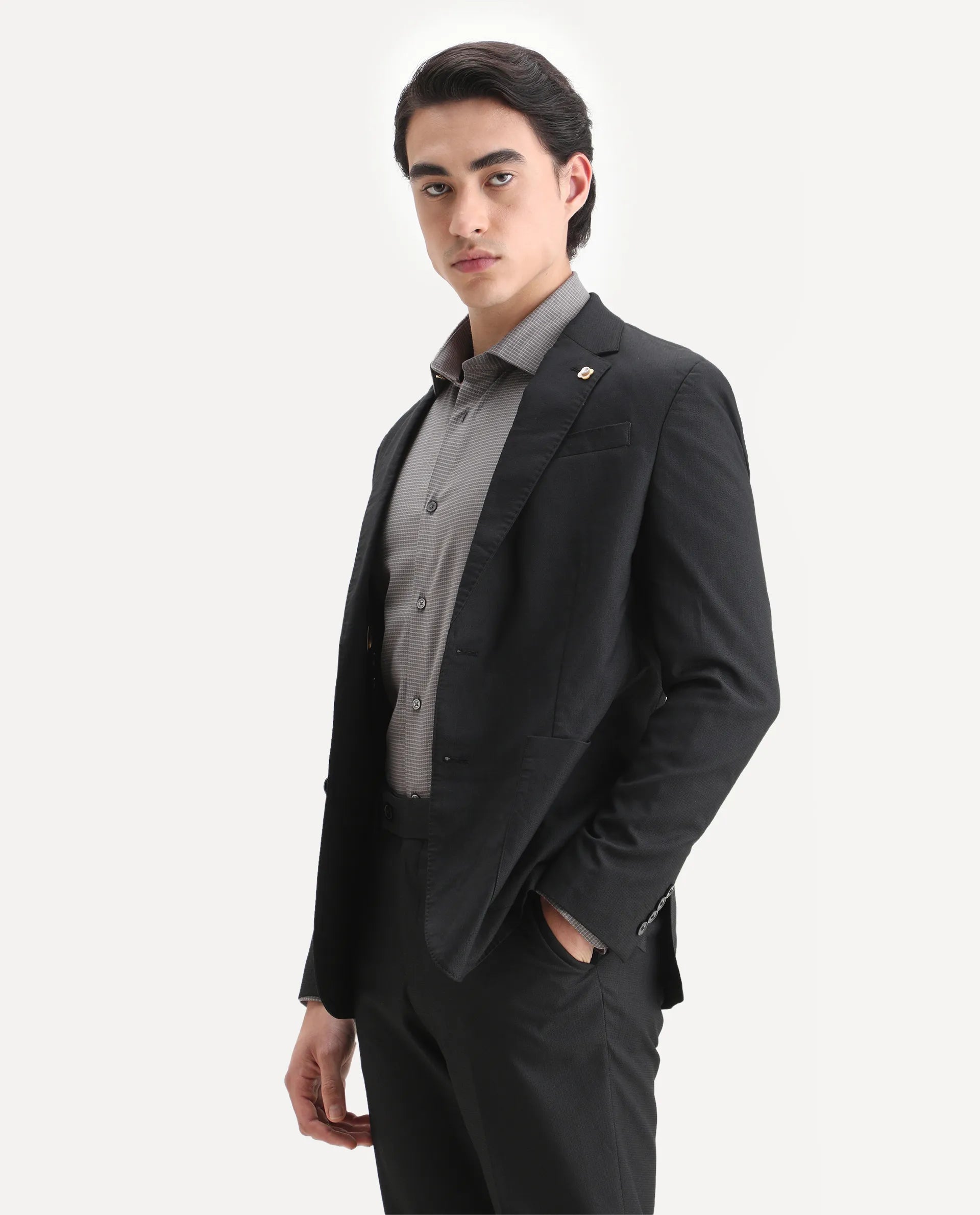 Rare Rabbit Men's Zanza Black Polyester Plain Tailored Fit Full Sleeve Lapel Neck Suits