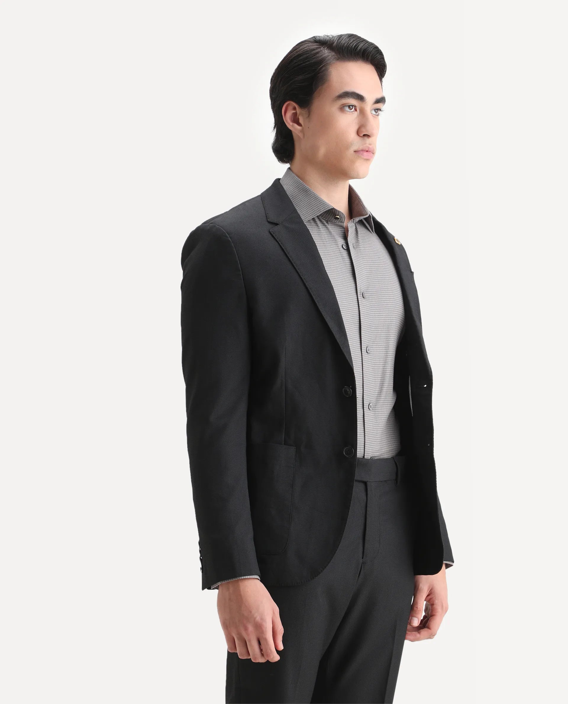 Rare Rabbit Men's Zanza Black Polyester Plain Tailored Fit Full Sleeve Lapel Neck Suits