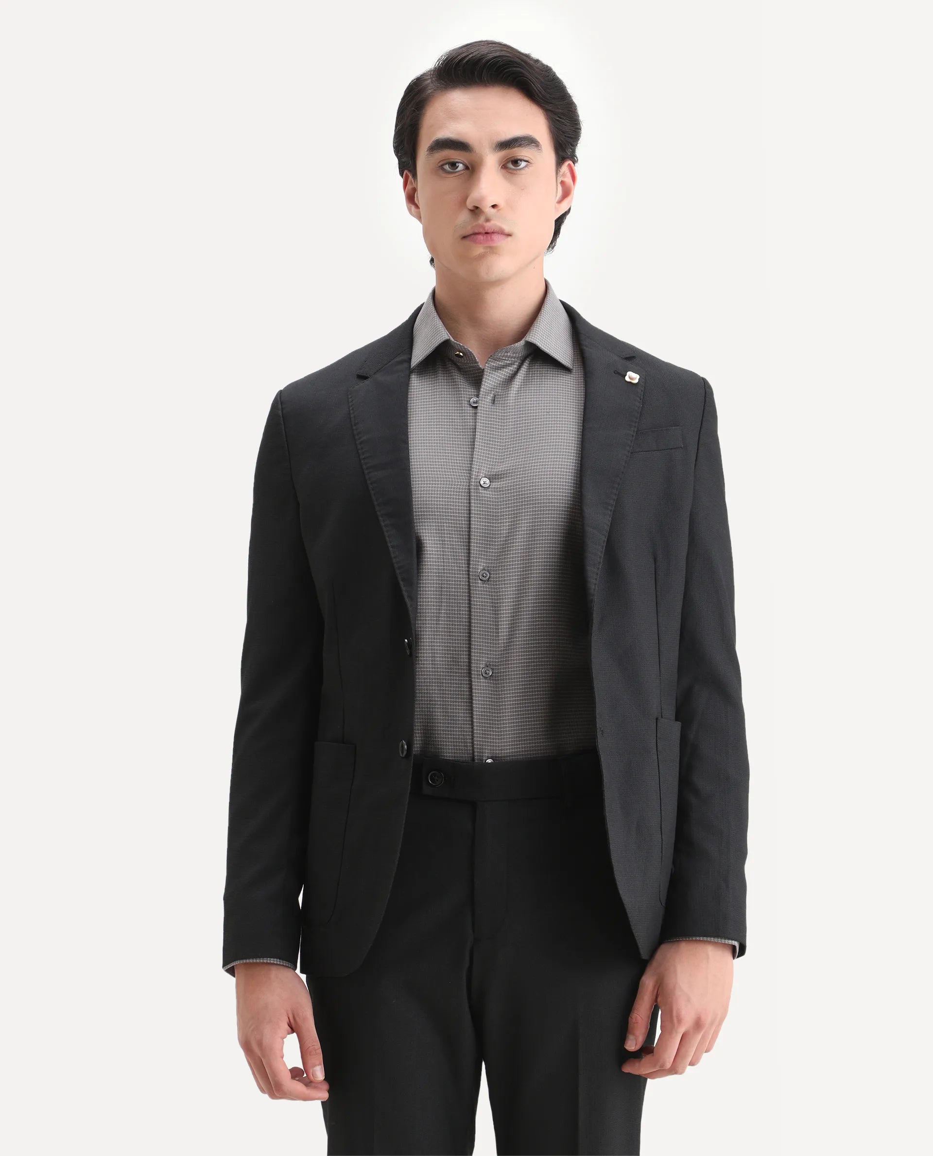 Rare Rabbit Men's Zanza Black Polyester Plain Tailored Fit Full Sleeve Lapel Neck Suits