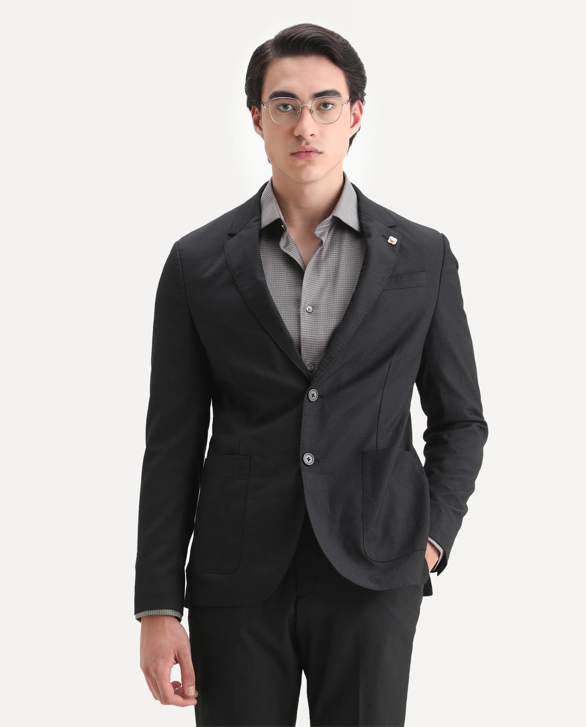 Rare Rabbit Men's Zanza Black Polyester Plain Tailored Fit Full Sleeve Lapel Neck Suits