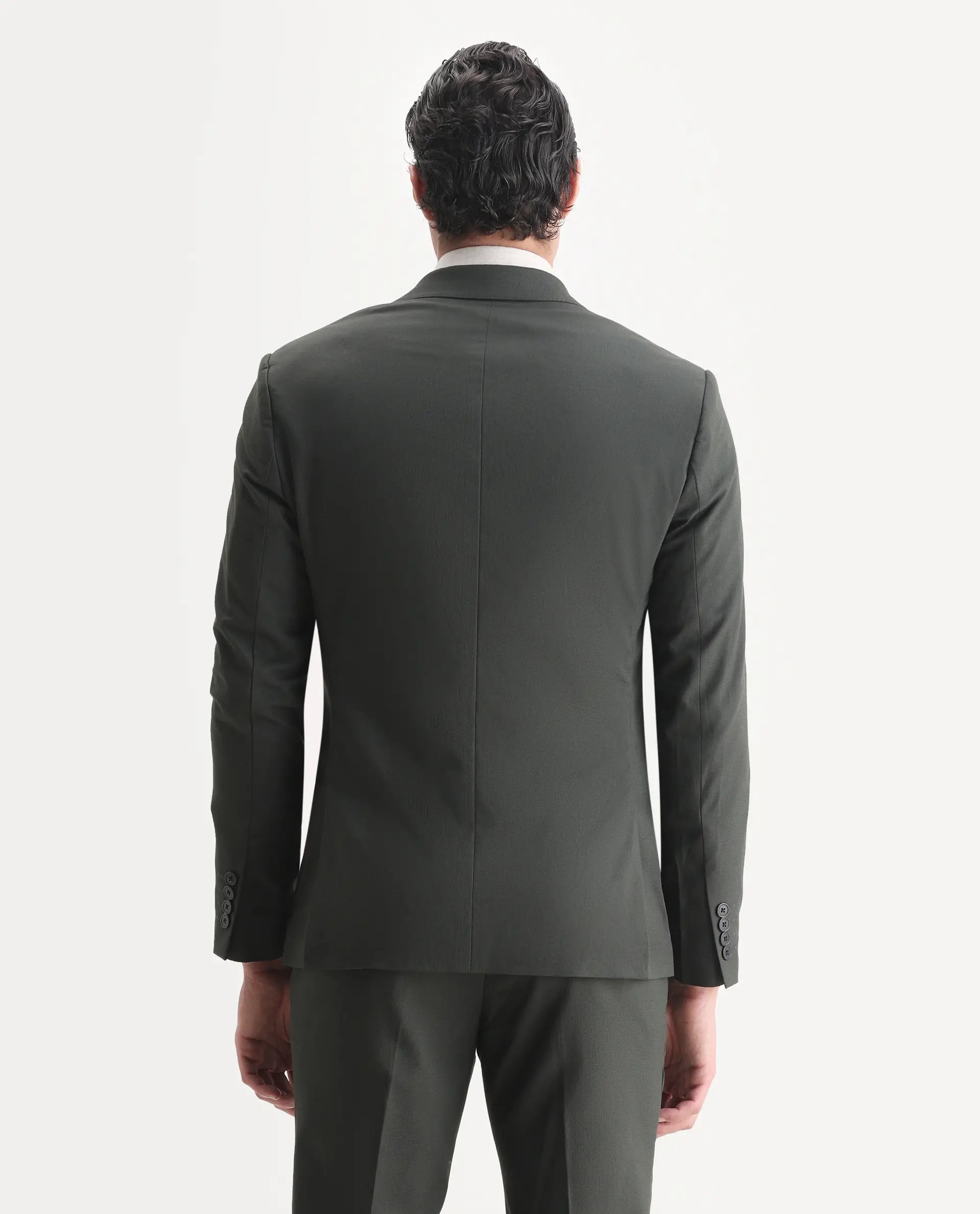 Rare Rabbit Men's Zanza Green Polyester Plain Tailored Fit Full Sleeve Lapel Neck Suits