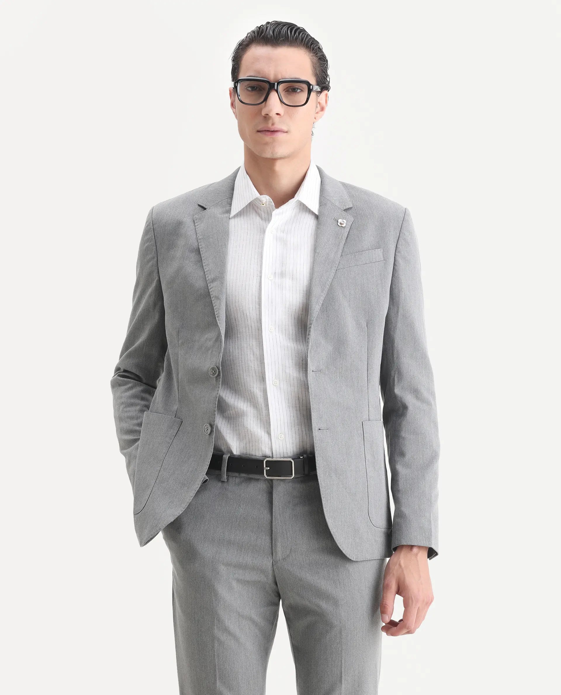 Rare Rabbit Men's Zanza Grey Polyester Plain Tailored Fit Full Sleeve Lapel Neck Suits