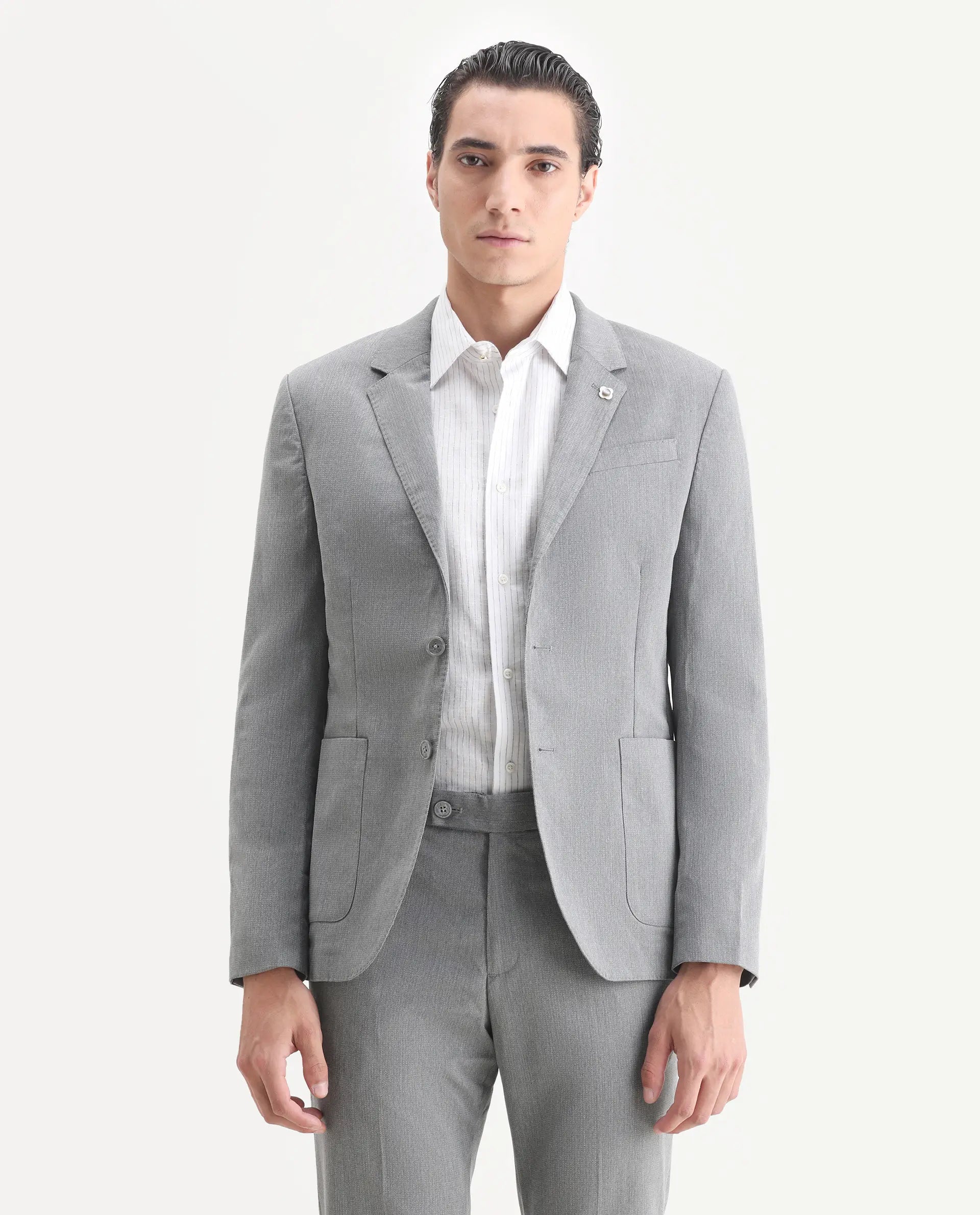 Rare Rabbit Men's Zanza Grey Polyester Plain Tailored Fit Full Sleeve Lapel Neck Suits