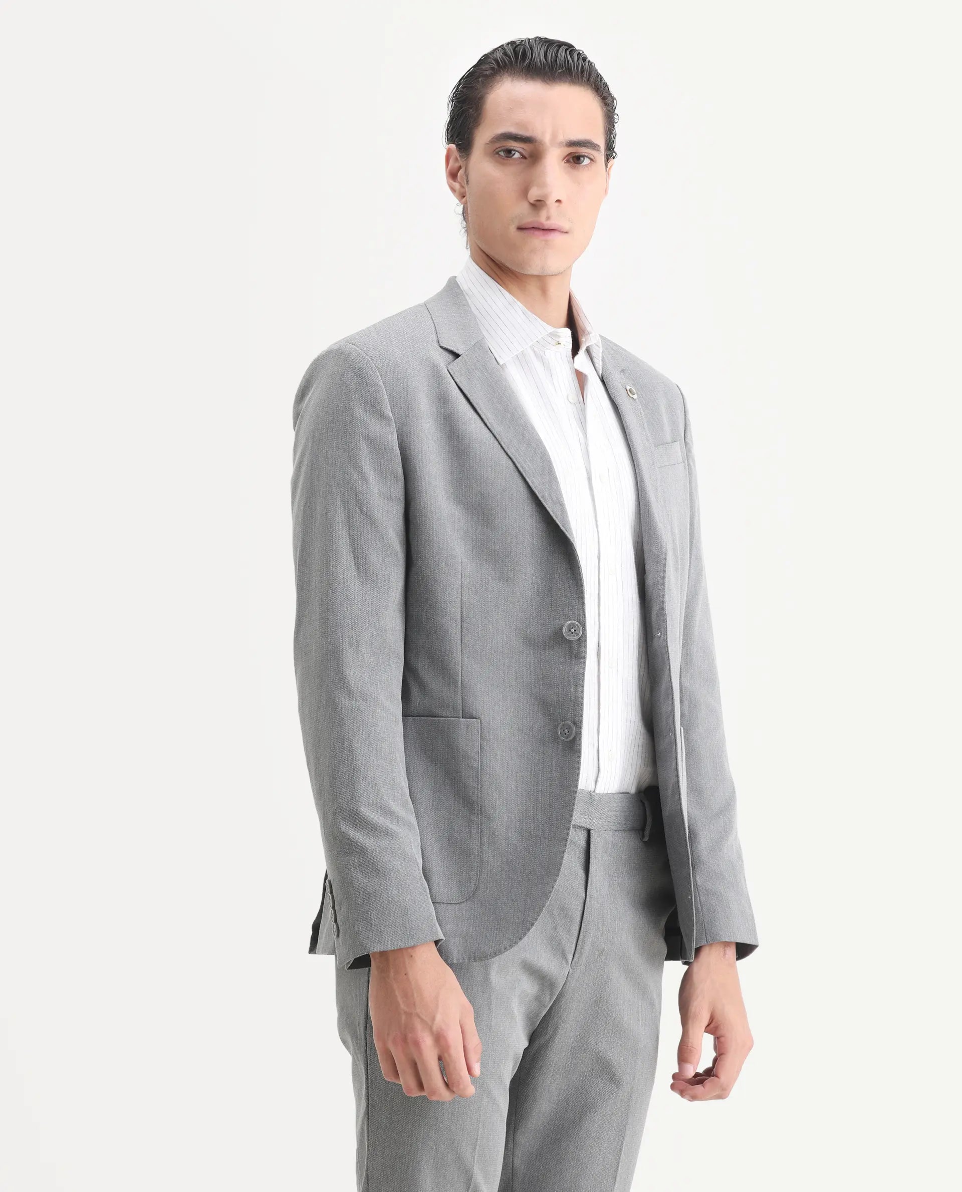 Rare Rabbit Men's Zanza Grey Polyester Plain Tailored Fit Full Sleeve Lapel Neck Suits