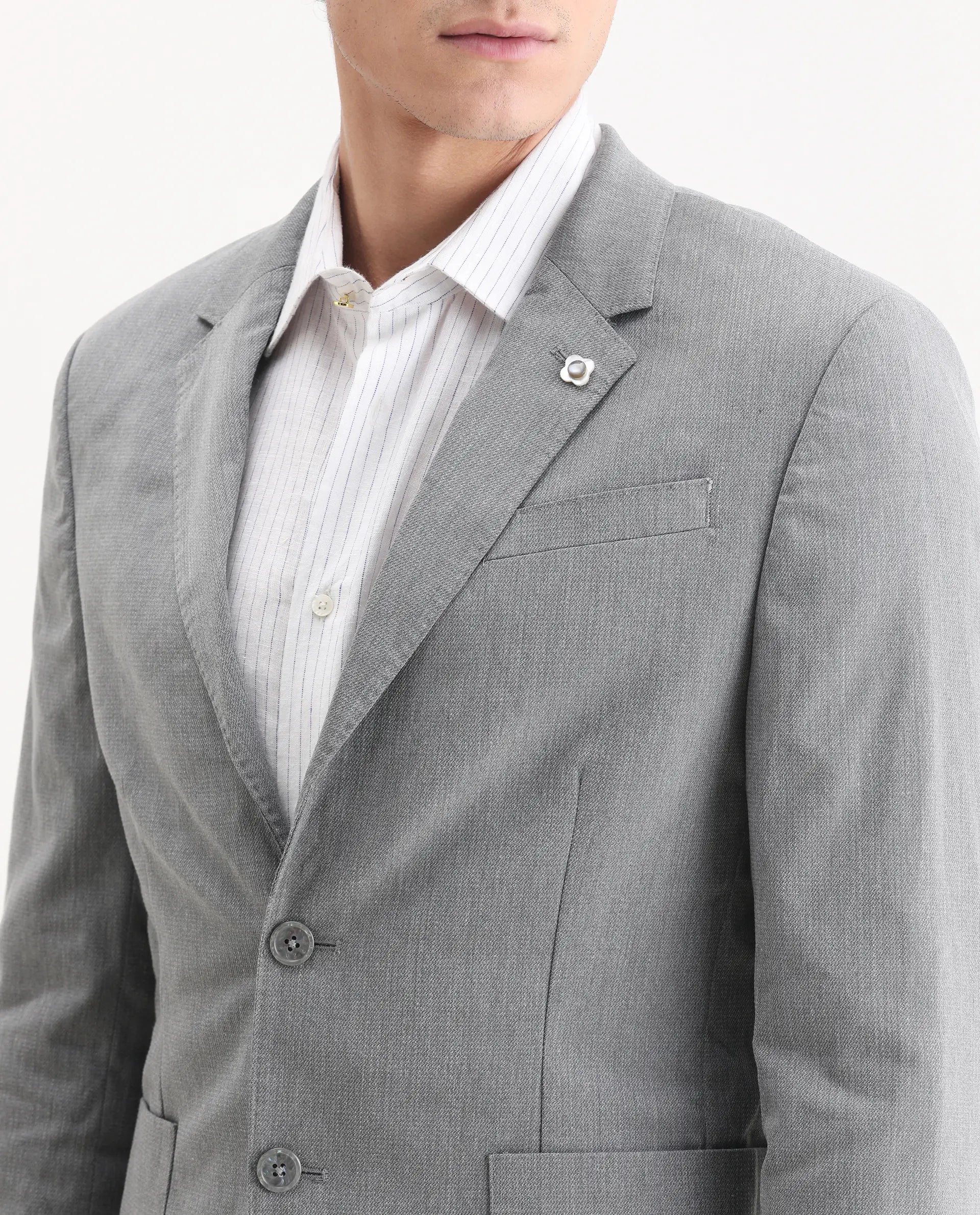 Rare Rabbit Men's Zanza Grey Polyester Plain Tailored Fit Full Sleeve Lapel Neck Suits