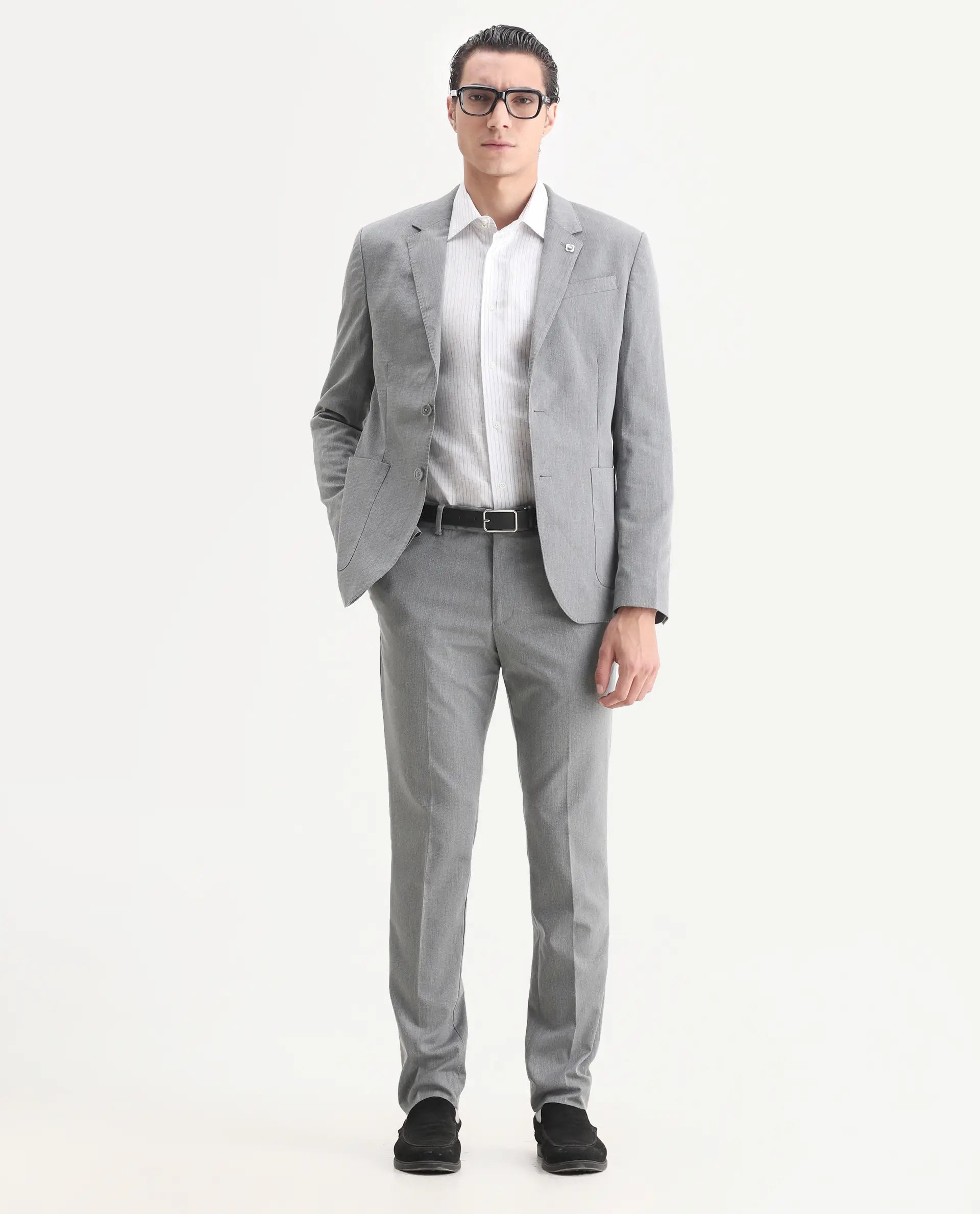 Rare Rabbit Men's Zanza Grey Polyester Plain Tailored Fit Full Sleeve Lapel Neck Suits