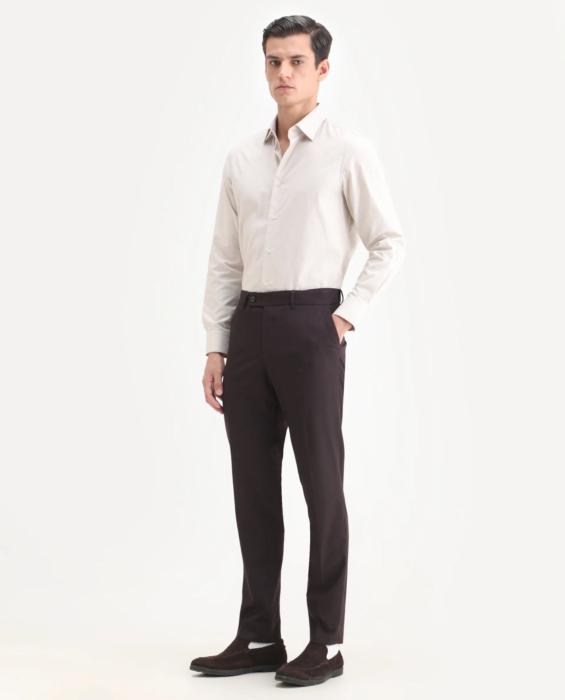 Rare Rabbit Men's Zanza Maroon Polyester Plain Tailored Fit Full Sleeve Lapel Neck Suits