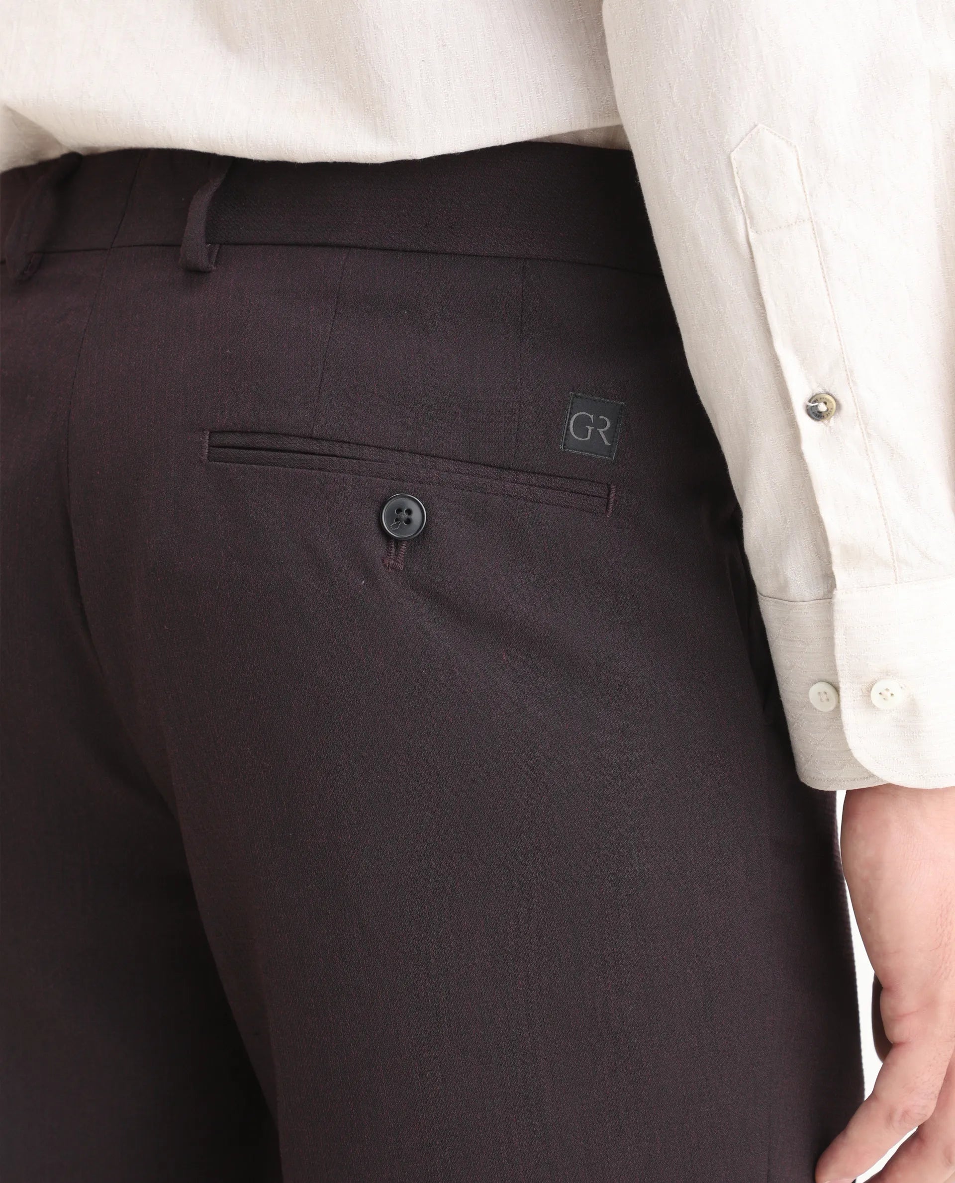 Rare Rabbit Men's Zanza Maroon Polyester Plain Tailored Fit Full Sleeve Lapel Neck Suits