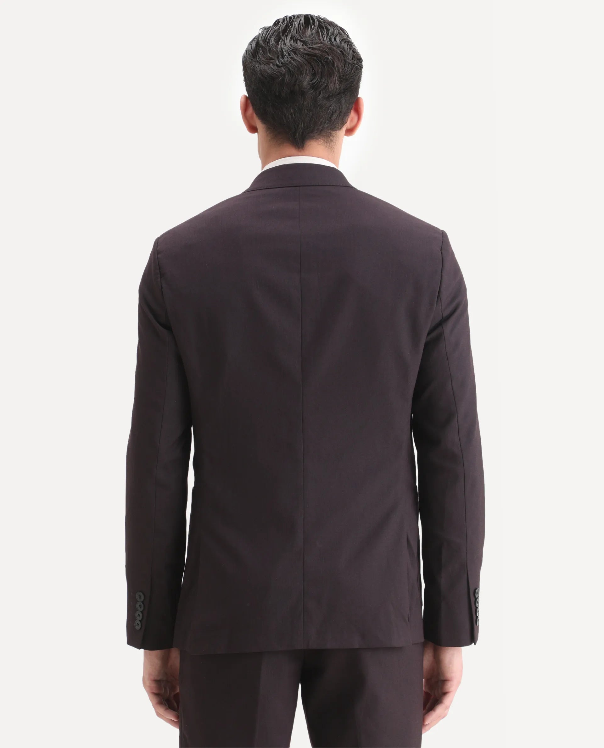 Rare Rabbit Men's Zanza Maroon Polyester Plain Tailored Fit Full Sleeve Lapel Neck Suits