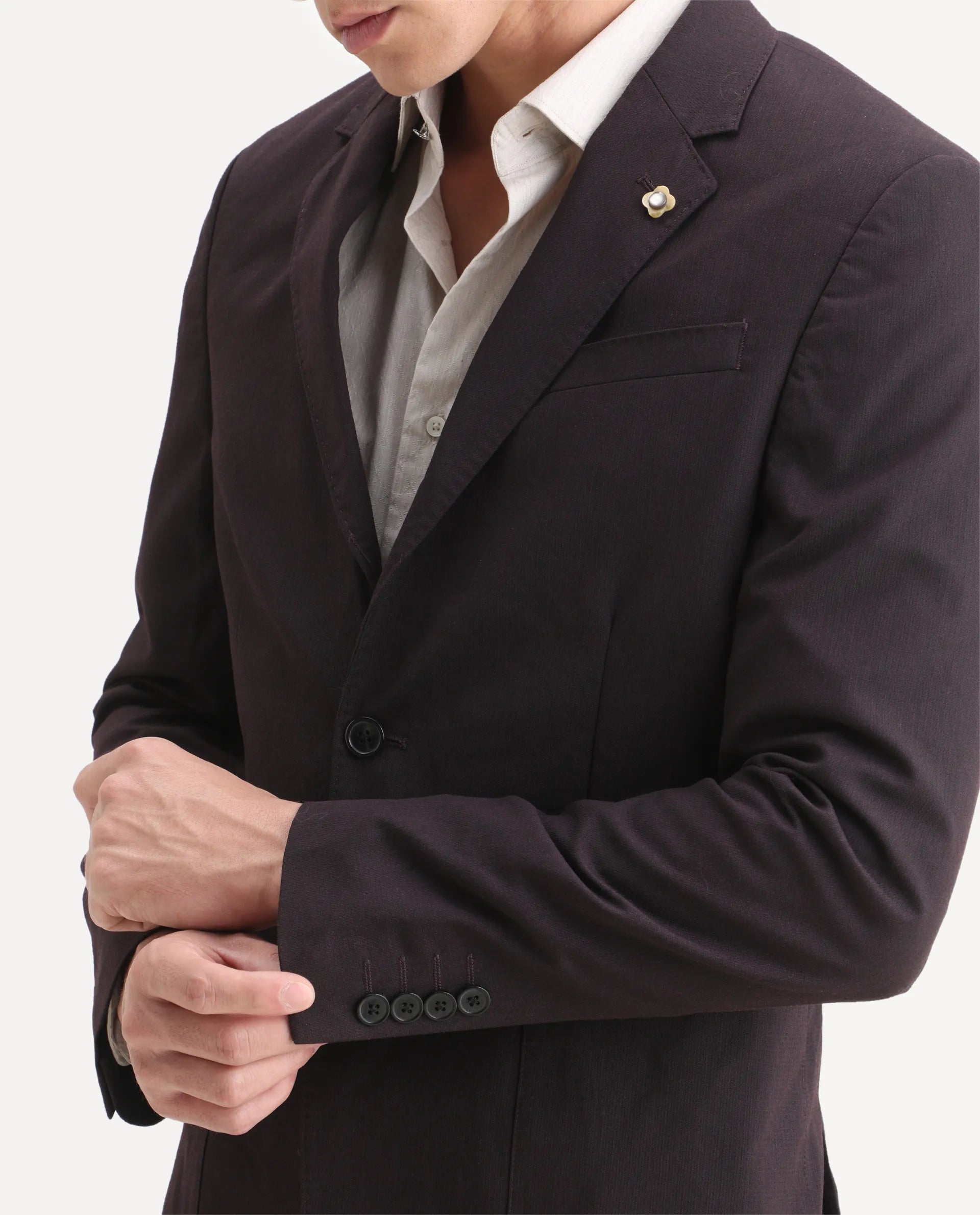 Rare Rabbit Men's Zanza Maroon Polyester Plain Tailored Fit Full Sleeve Lapel Neck Suits