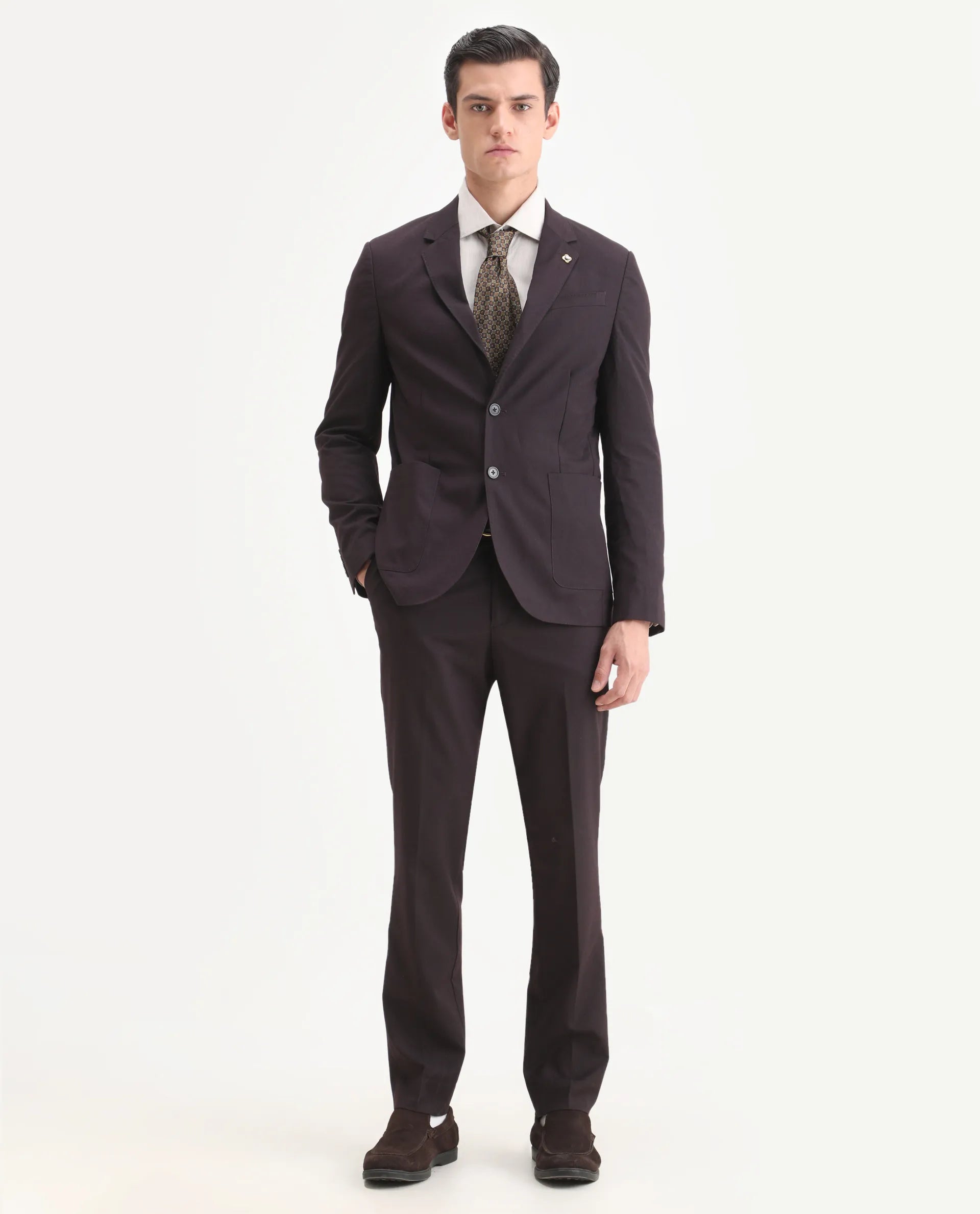 Rare Rabbit Men's Zanza Maroon Polyester Plain Tailored Fit Full Sleeve Lapel Neck Suits