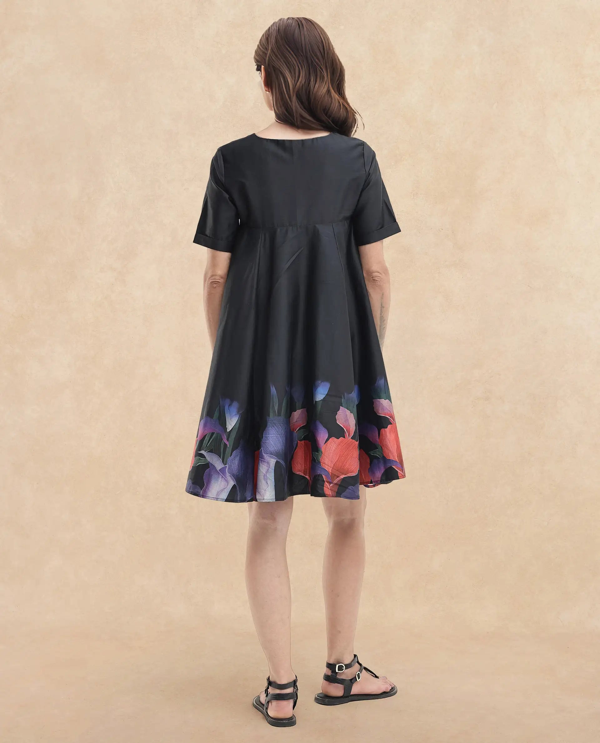 Rareism Women's Zapon Black Cotton Blend Crew Neck Floral Print Knee Length Fit And Flare Dress