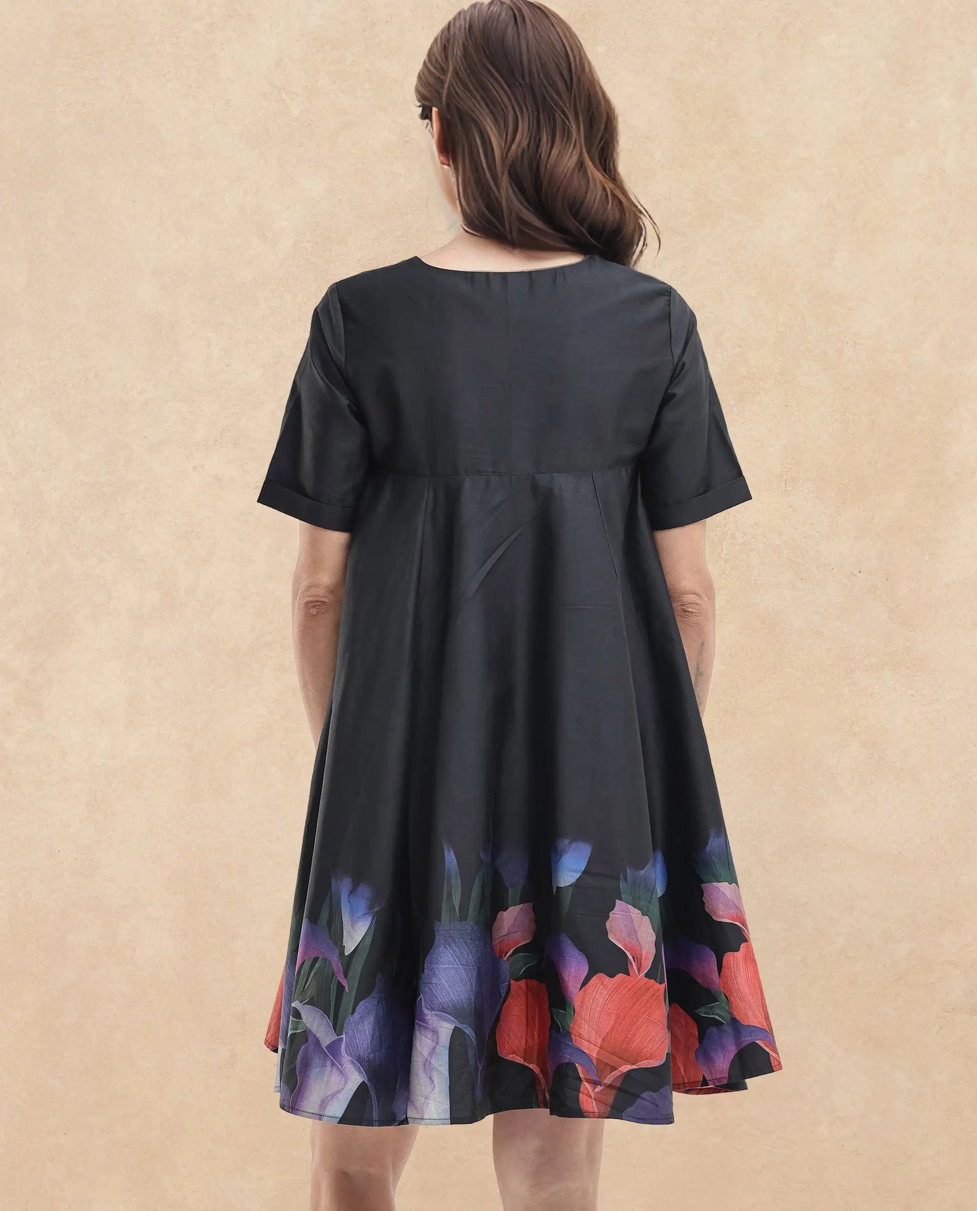 Rareism Women's Zapon Black Cotton Blend Crew Neck Floral Print Knee Length Fit And Flare Dress