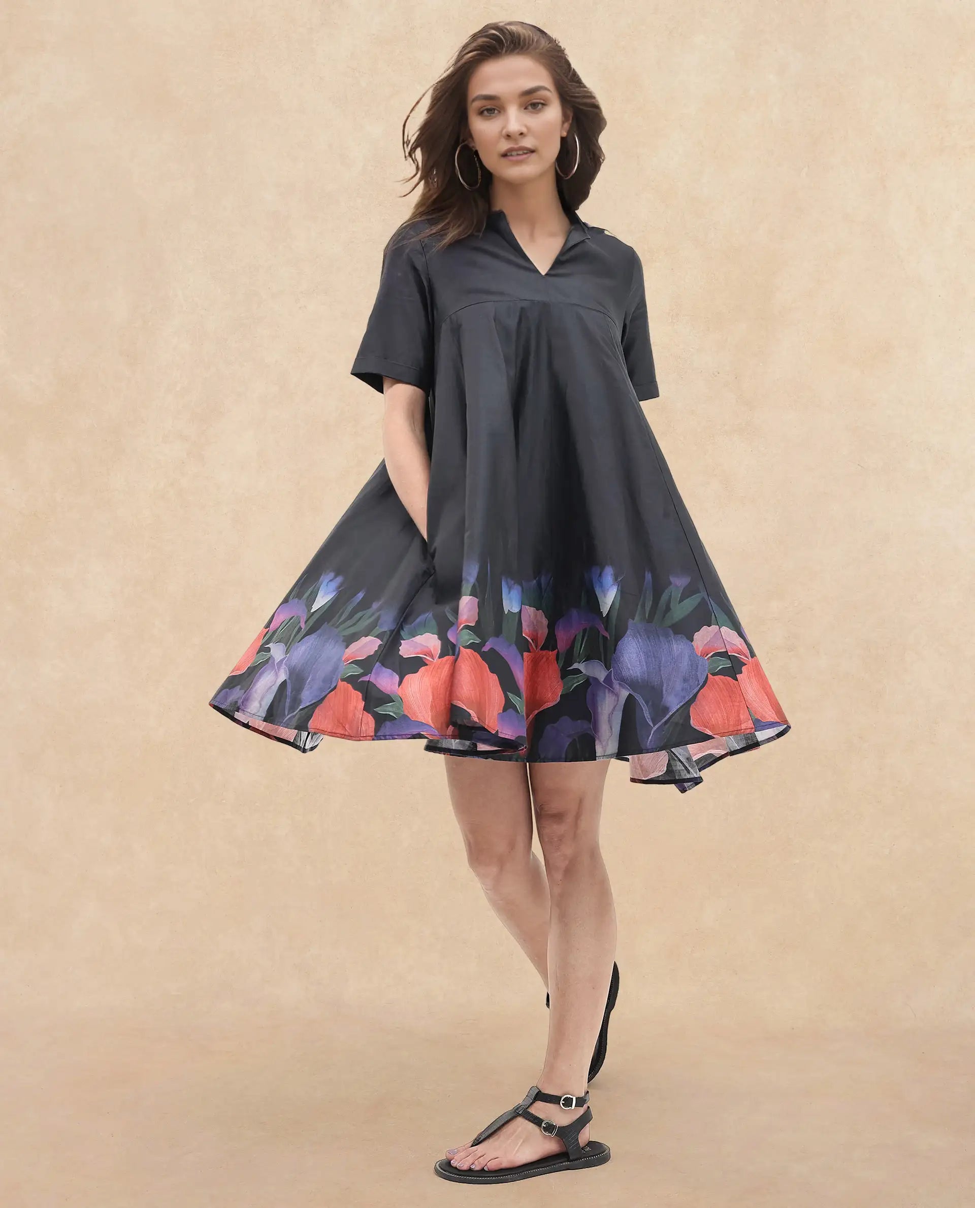 Rareism Women's Zapon Black Cotton Blend Crew Neck Floral Print Knee Length Fit And Flare Dress