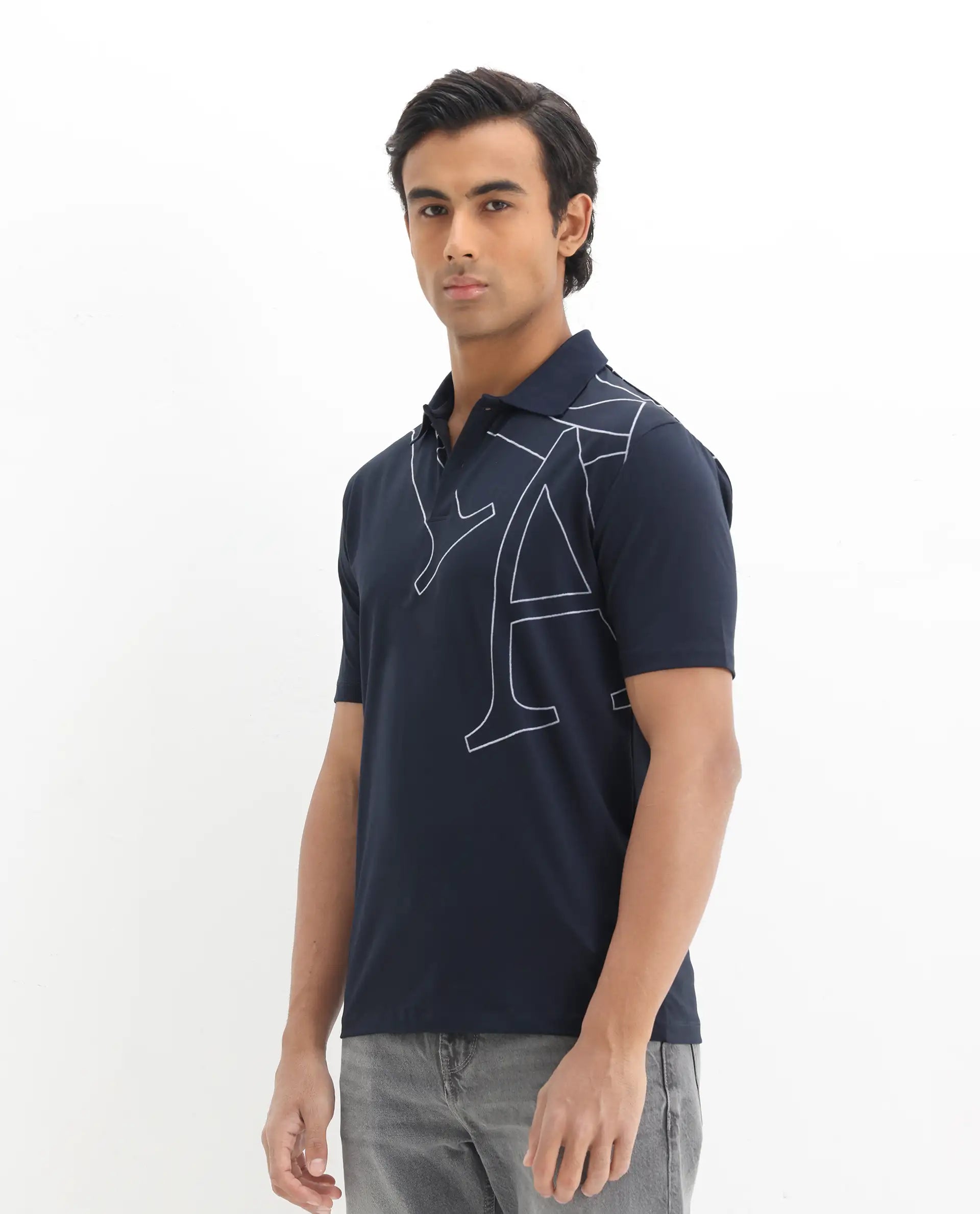 Rare Rabbit Men's Zapos Navy Cotton Graphic Print Regular Fit Half Sleeve Polo